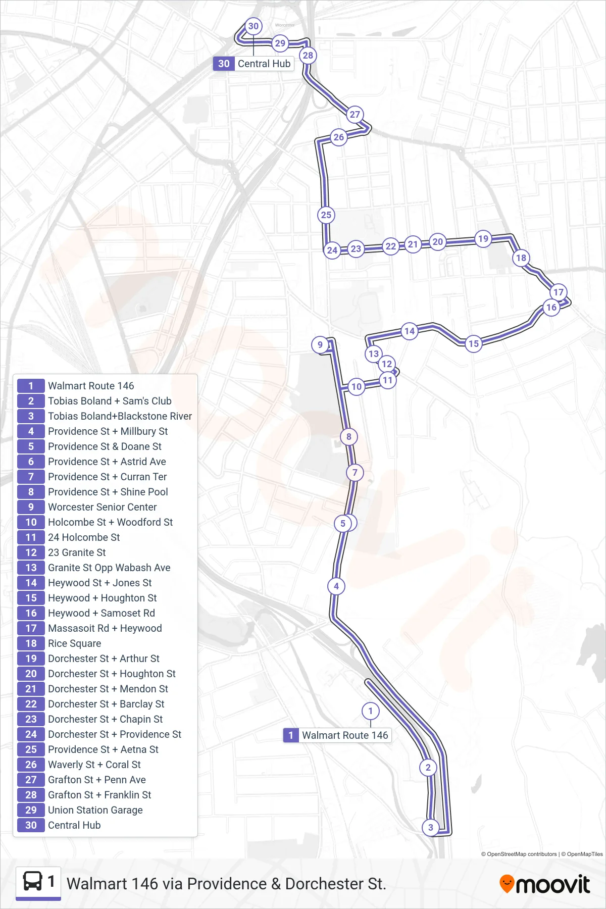 1 bus Line (Walmart Route 146→Central Hub) route and stops on a map
