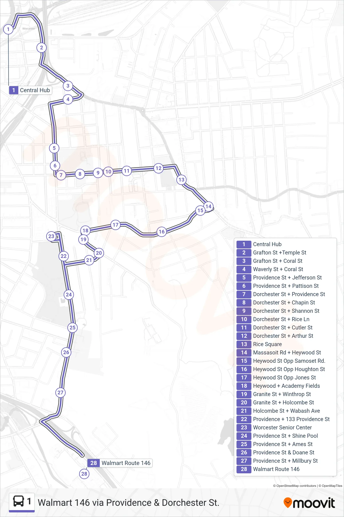 1 bus Line (Central Hub→Walmart Route 146) route and stops on a map