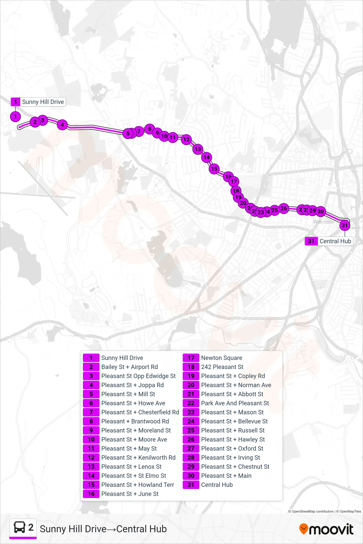 2 bus Line (Sunny Hill Drive‎→Central Hub) route and stops on a map