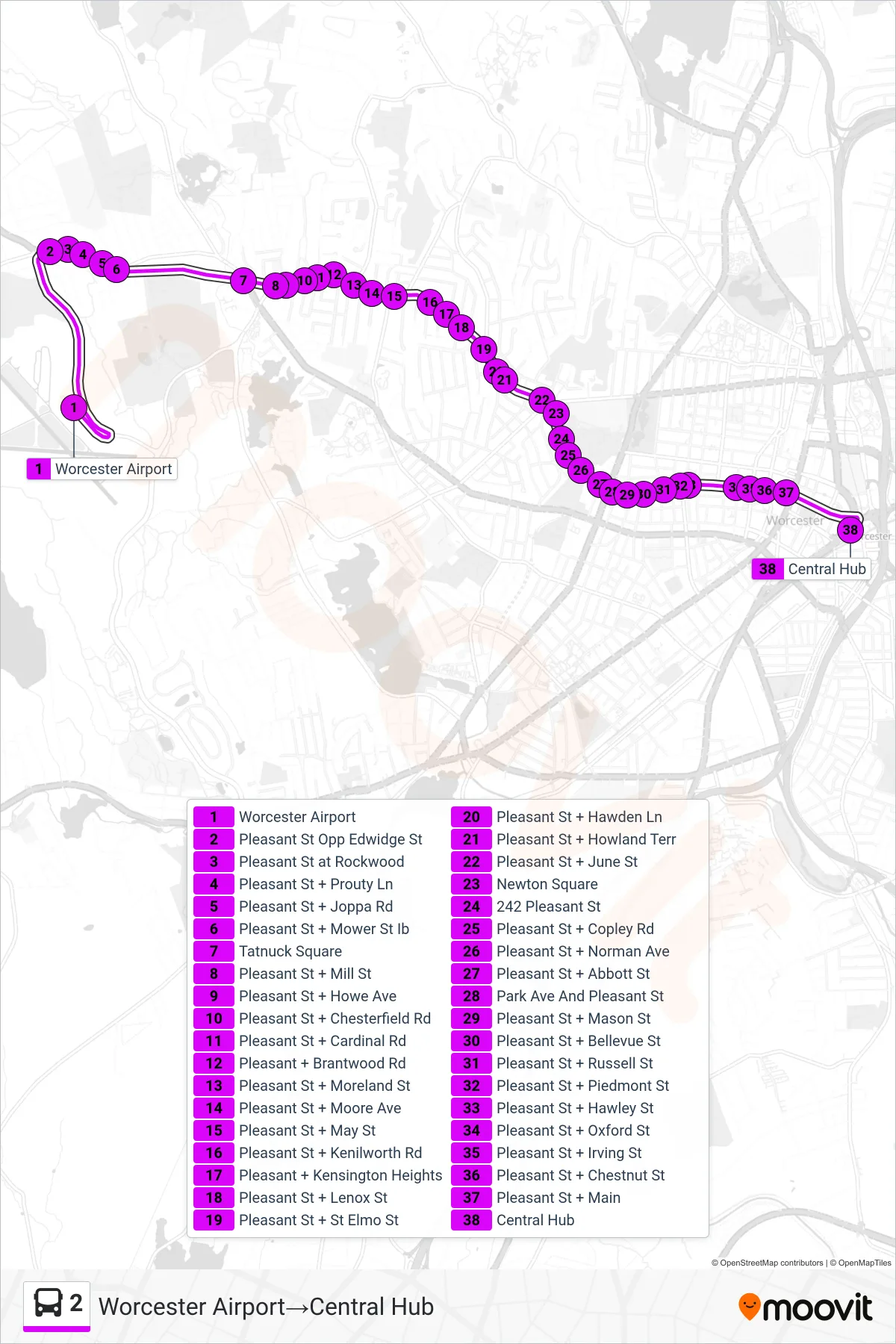 2 bus Line (Worcester Airport→Central Hub) route and stops on a map