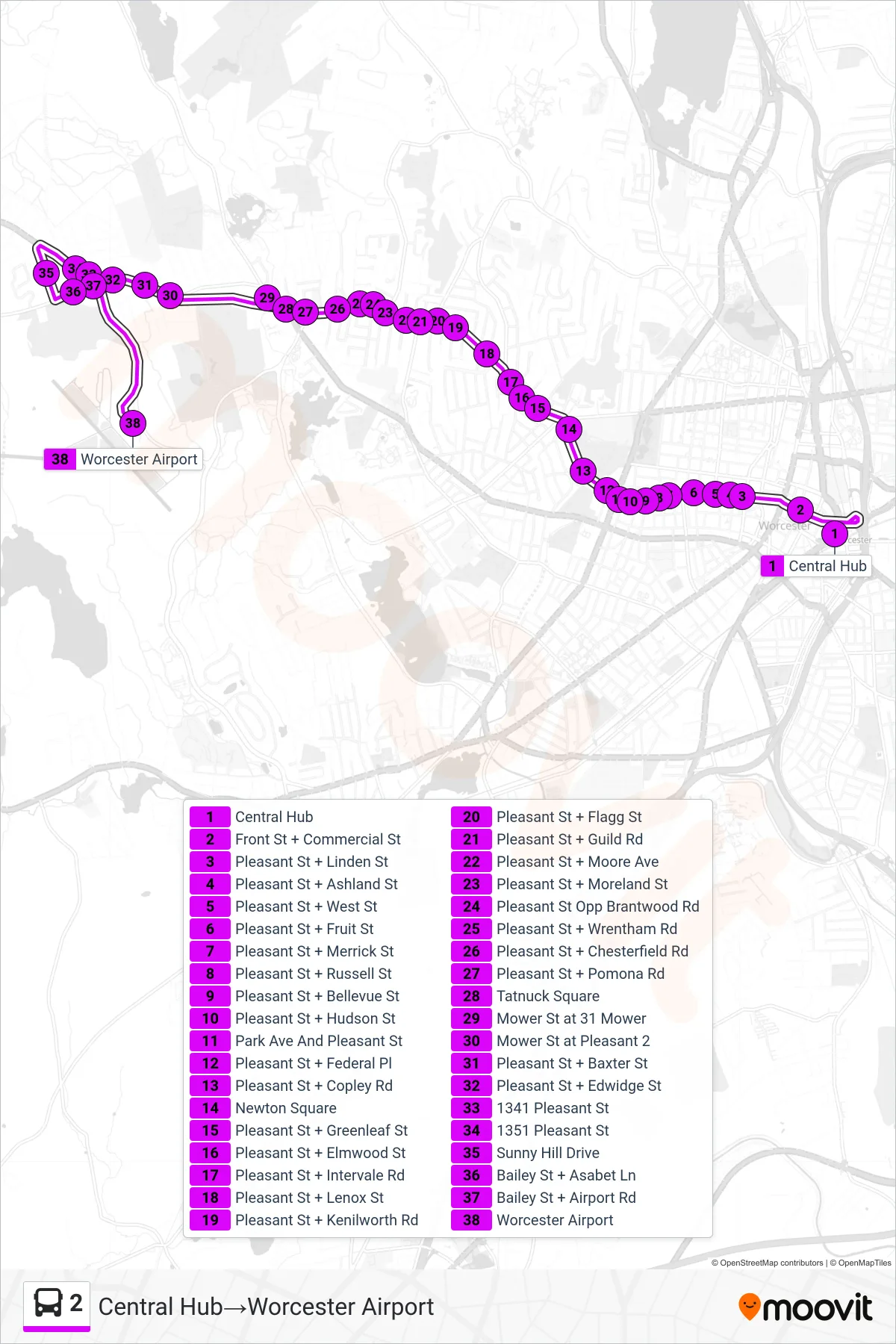 2 bus Line (Central Hub→Worcester Airport) route and stops on a map
