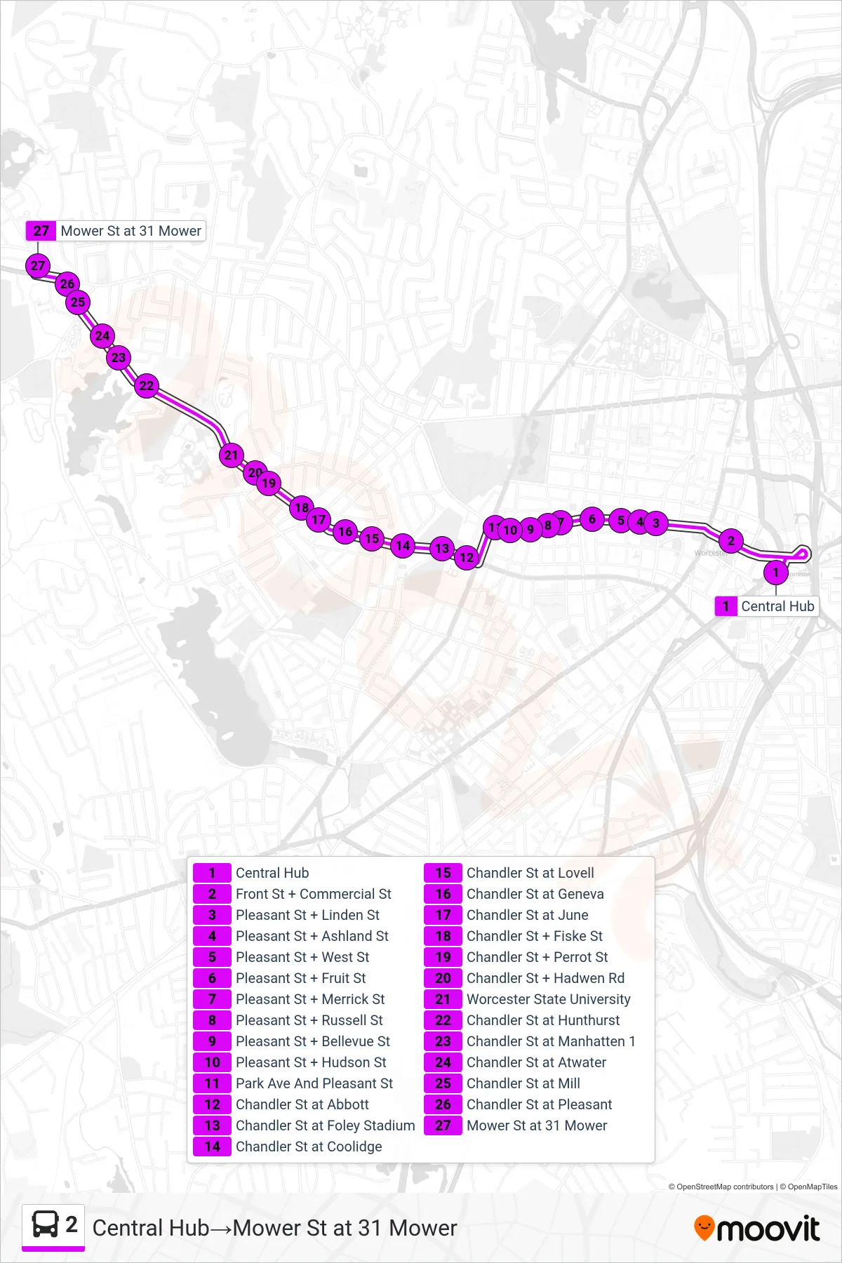 2 bus Line (Central Hub‎→Mower St at 31 Mower) route and stops on a map