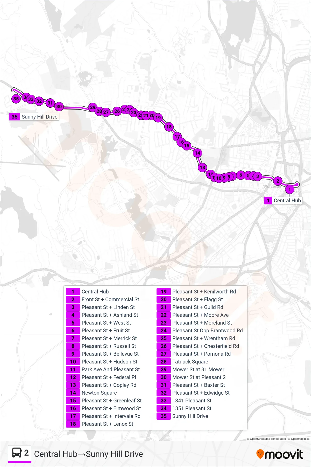 2 bus Line (Central Hub‎→Sunny Hill Drive) route and stops on a map