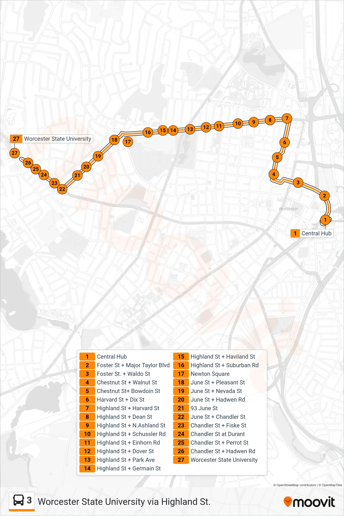 3 bus Line (Central Hub→Worcester State University) route and stops on a map