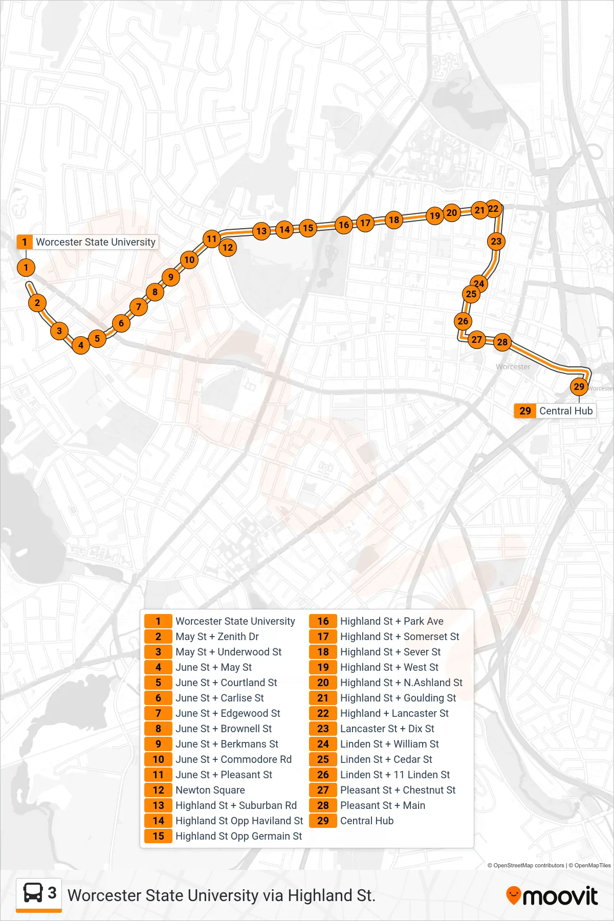 3 bus Line (Worcester State University‎→Central Hub) route and stops on a map
