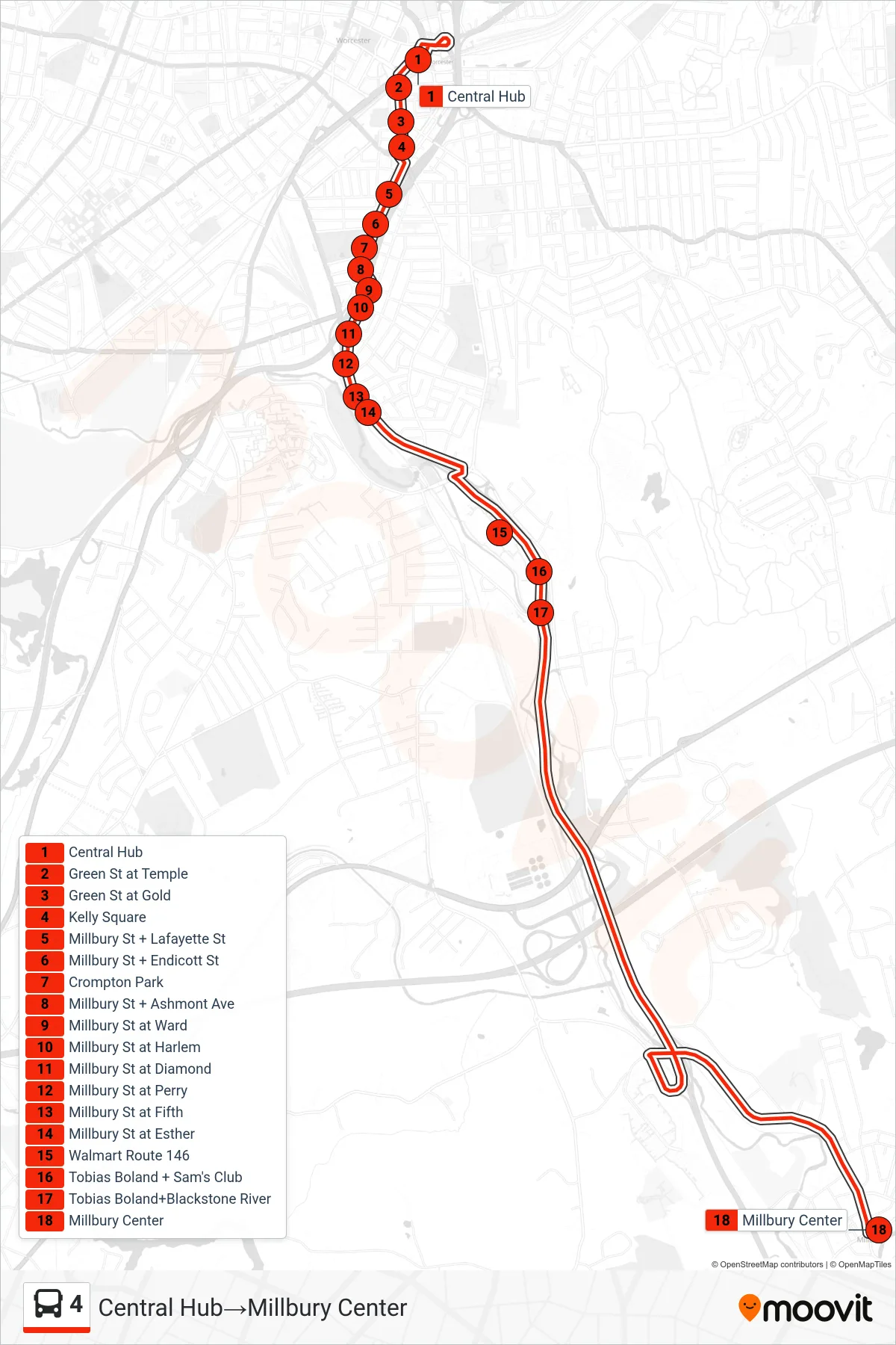 4 bus Line (Central Hub→Millbury Center) route and stops on a map