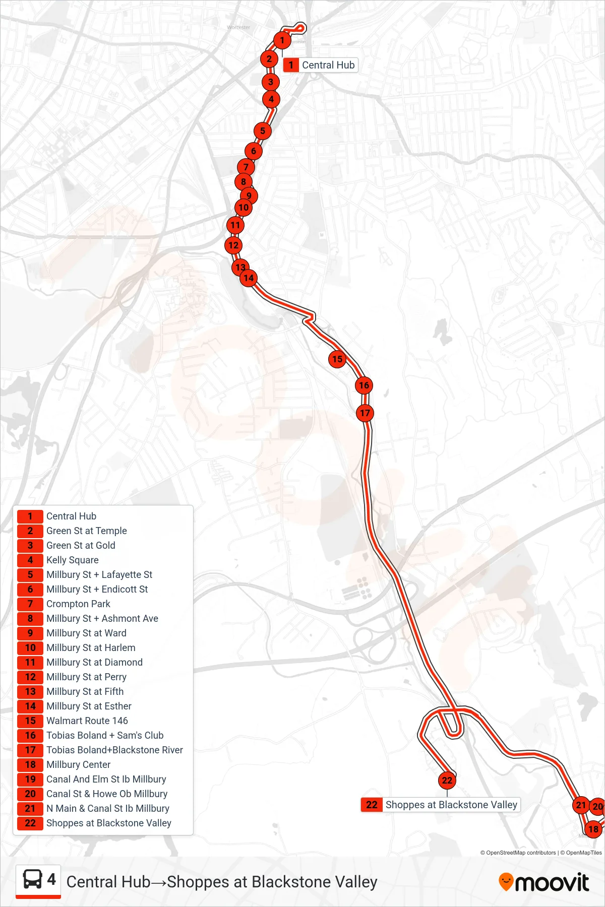 4 bus Line (Central Hub→Shoppes at Blackstone Valley) route and stops on a map