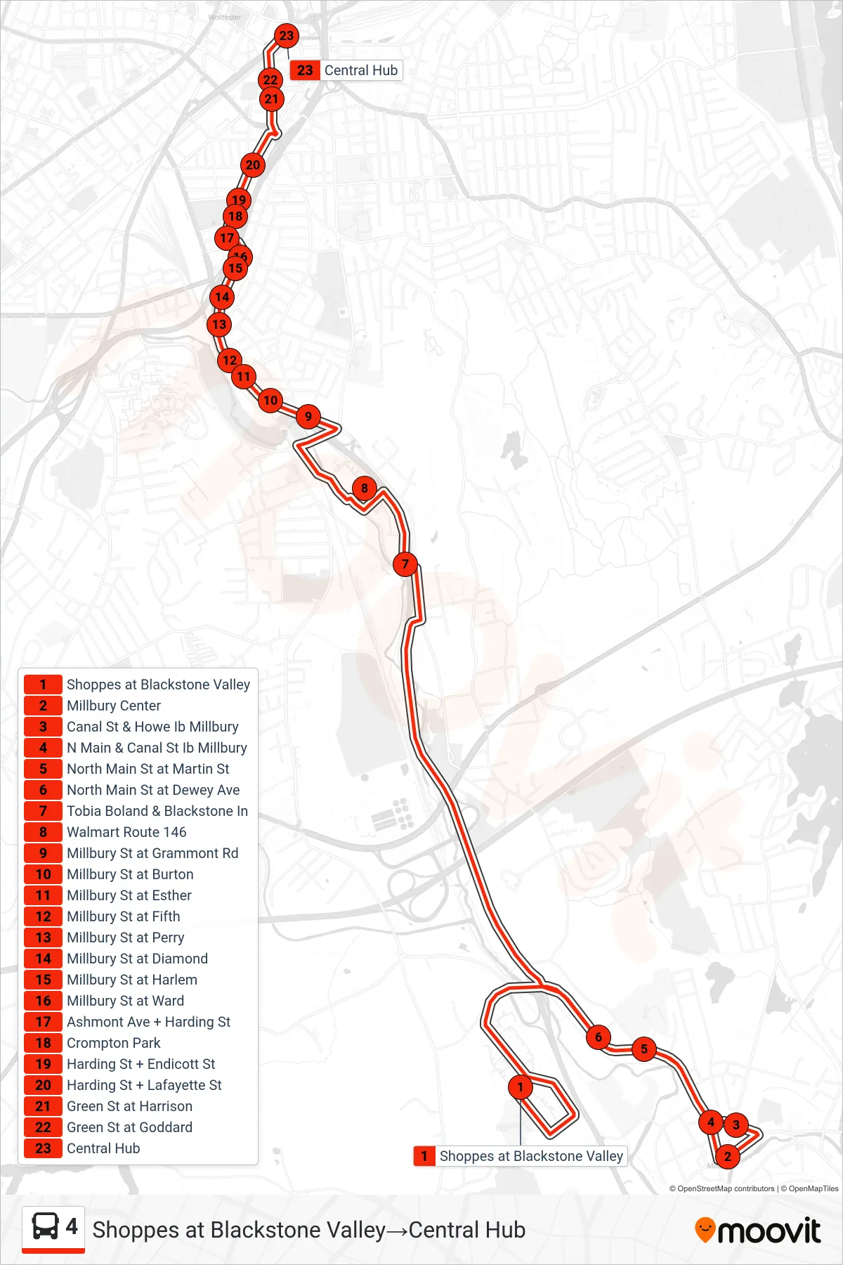 4 bus Line (Shoppes at Blackstone Valley→Central Hub) route and stops on a map