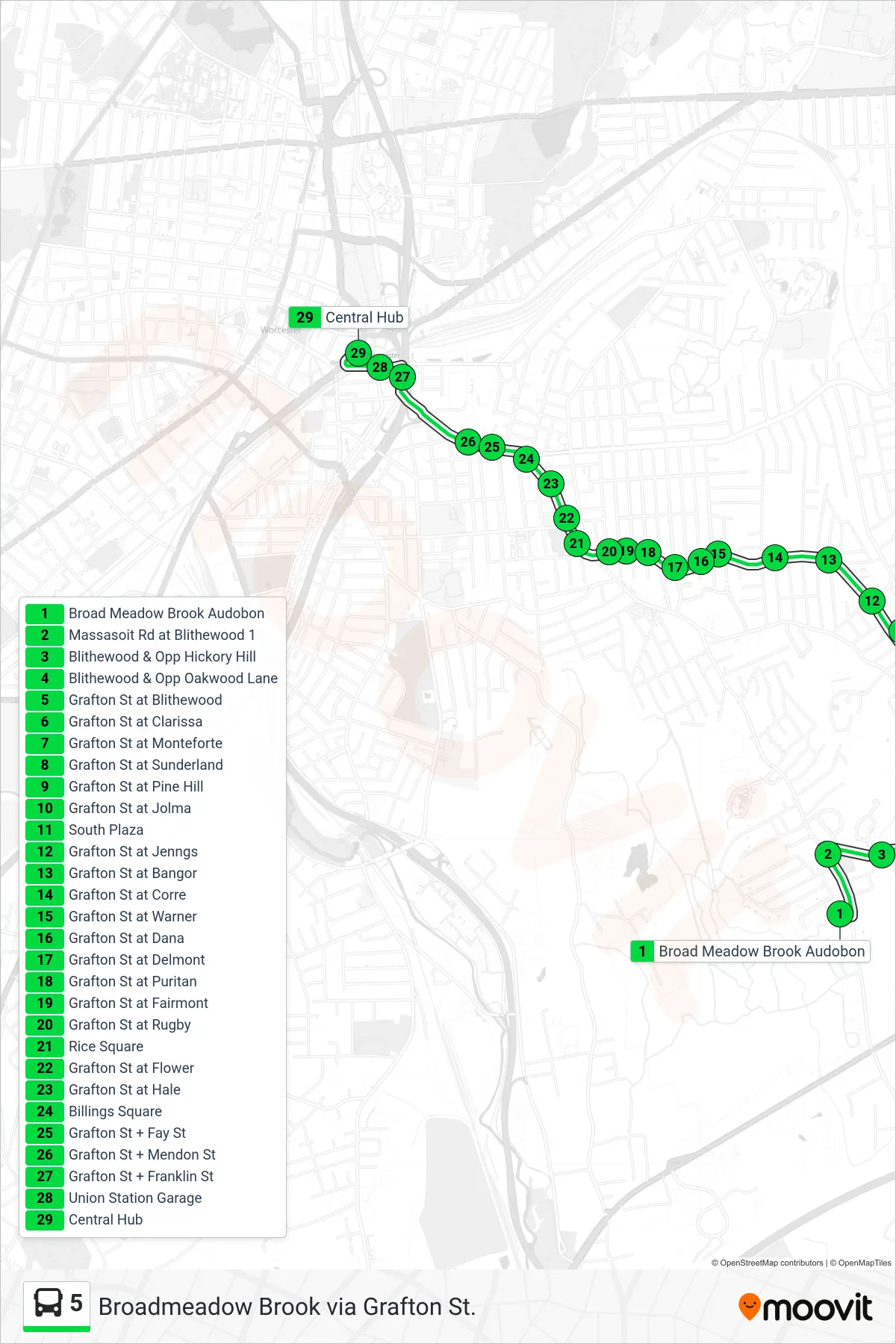 5 bus Line (Broad Meadow Brook Audobon→Central Hub) route and stops on a map