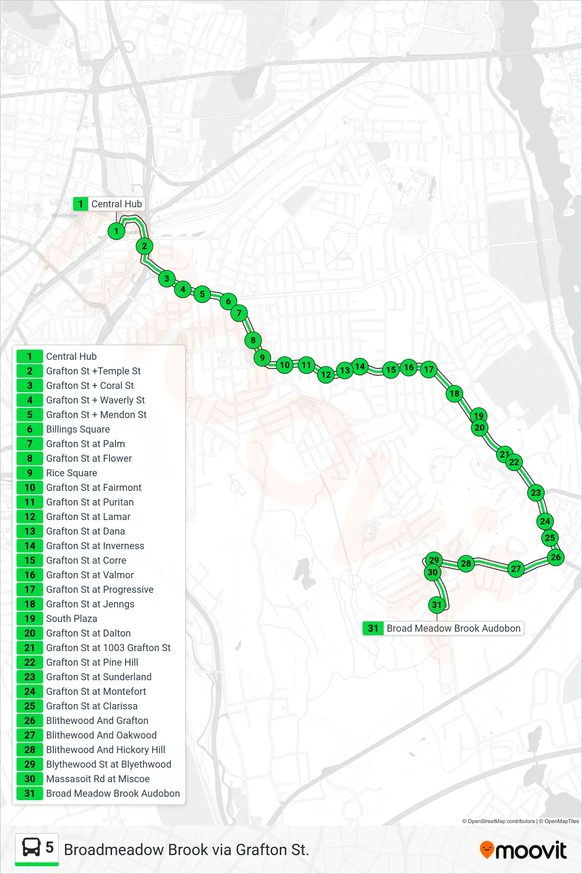 5 bus Line (Central Hub‎→Broad Meadow Brook Audobon) route and stops on a map