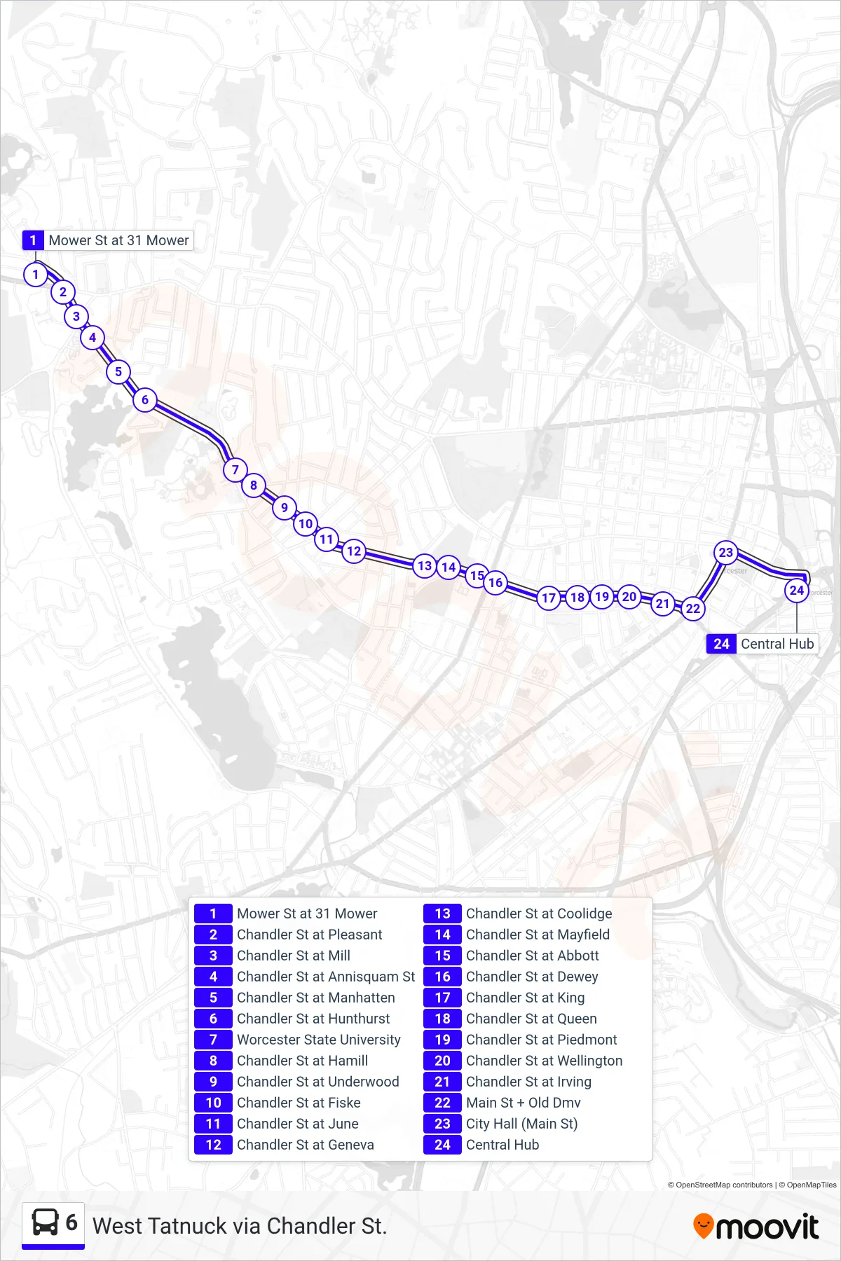 6 bus Line (Mower St at 31 Mower→Central Hub) route and stops on a map