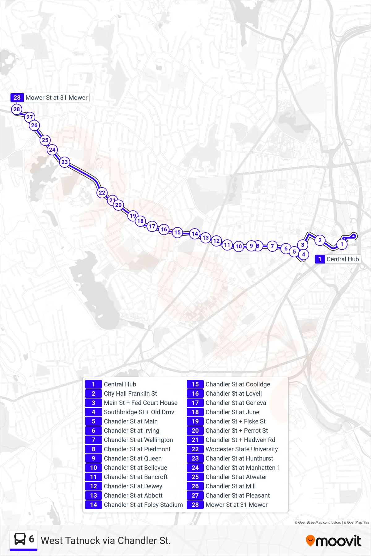 6 bus Line (Central Hub‎→Mower St at 31 Mower) route and stops on a map