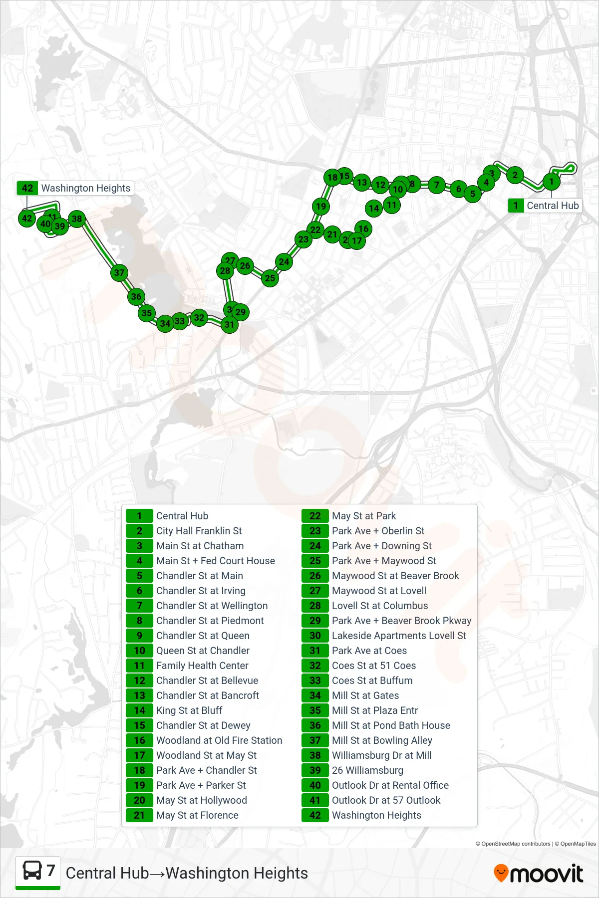 7 bus Line (Central Hub‎→Washington Heights) route and stops on a map