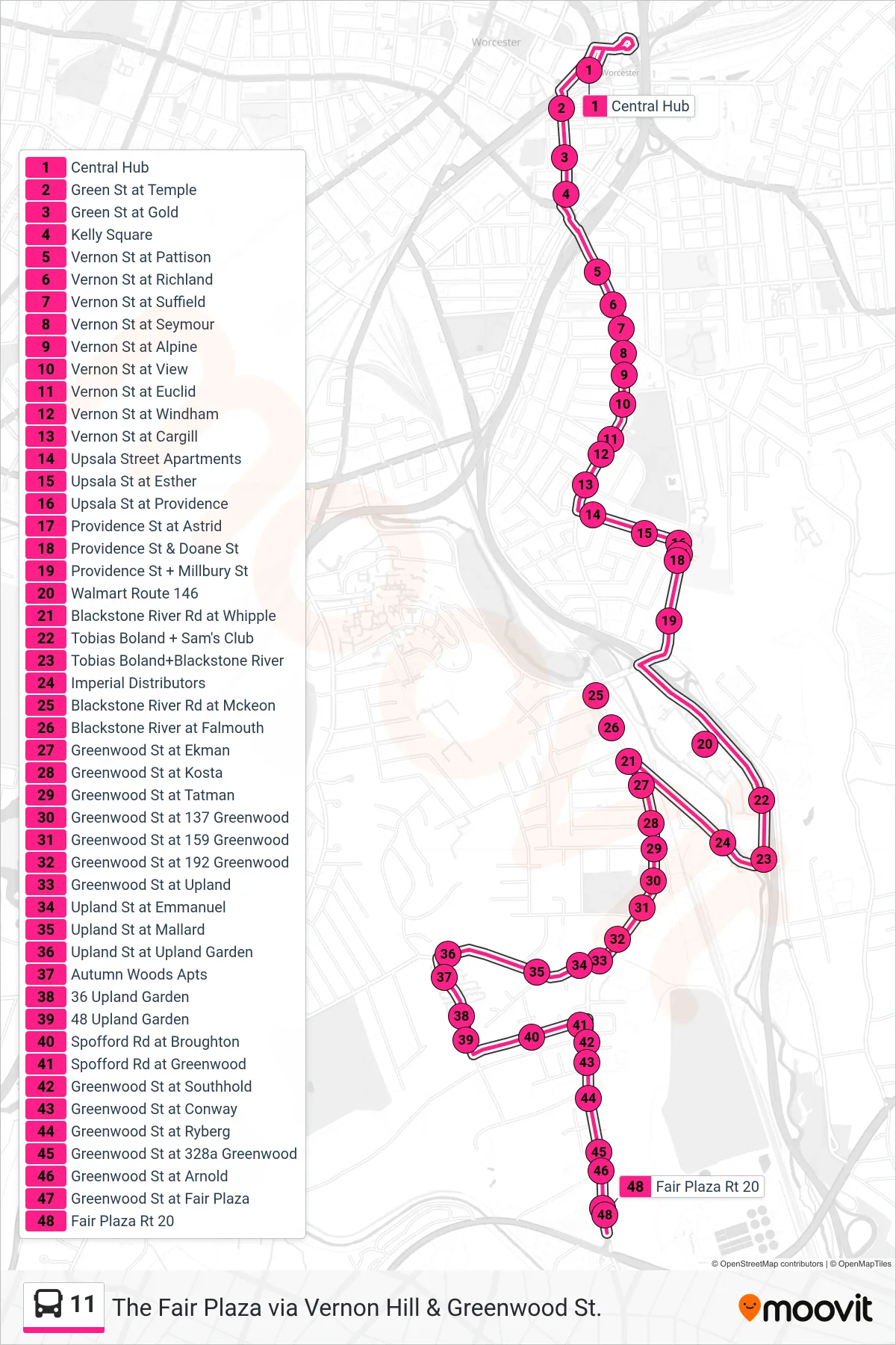 11 bus Line (Central Hub→Fair Plaza Rt 20) route and stops on a map