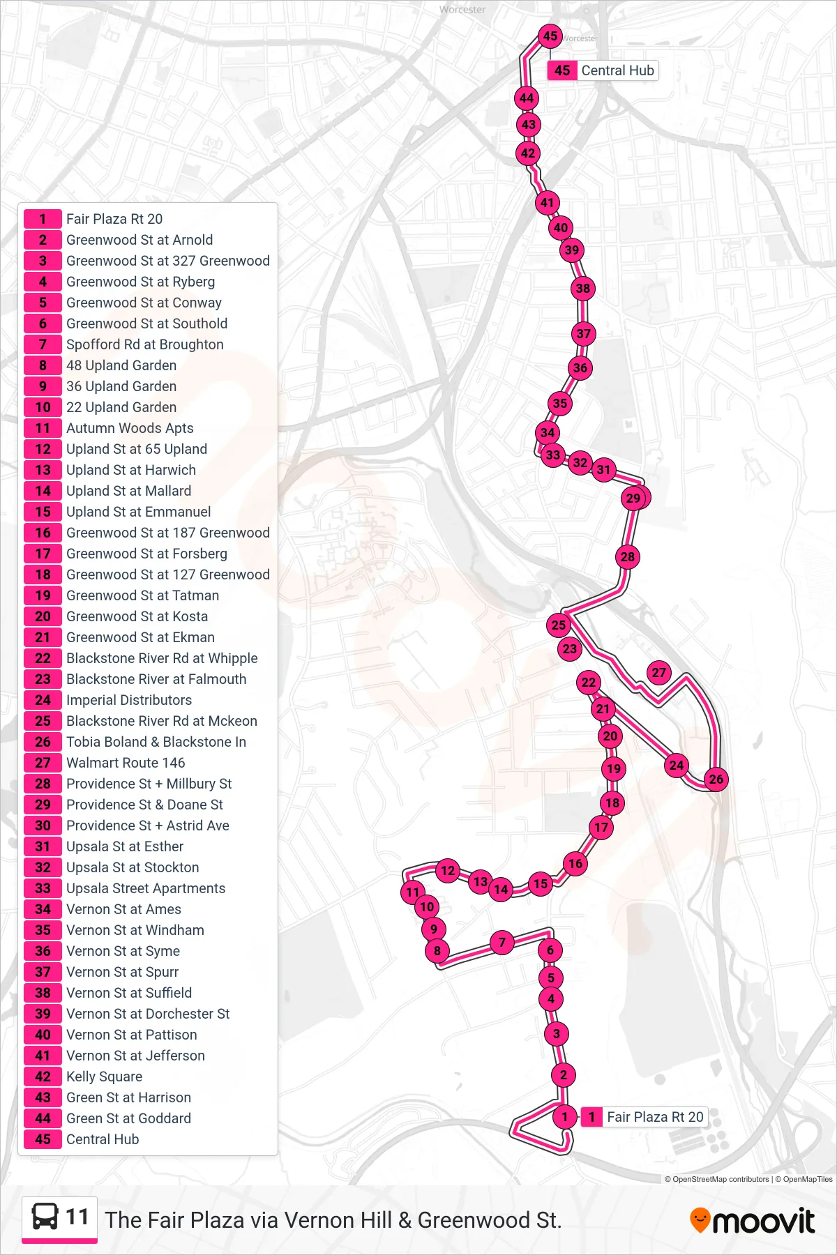 11 bus Line (Fair Plaza Rt 20‎→Central Hub) route and stops on a map