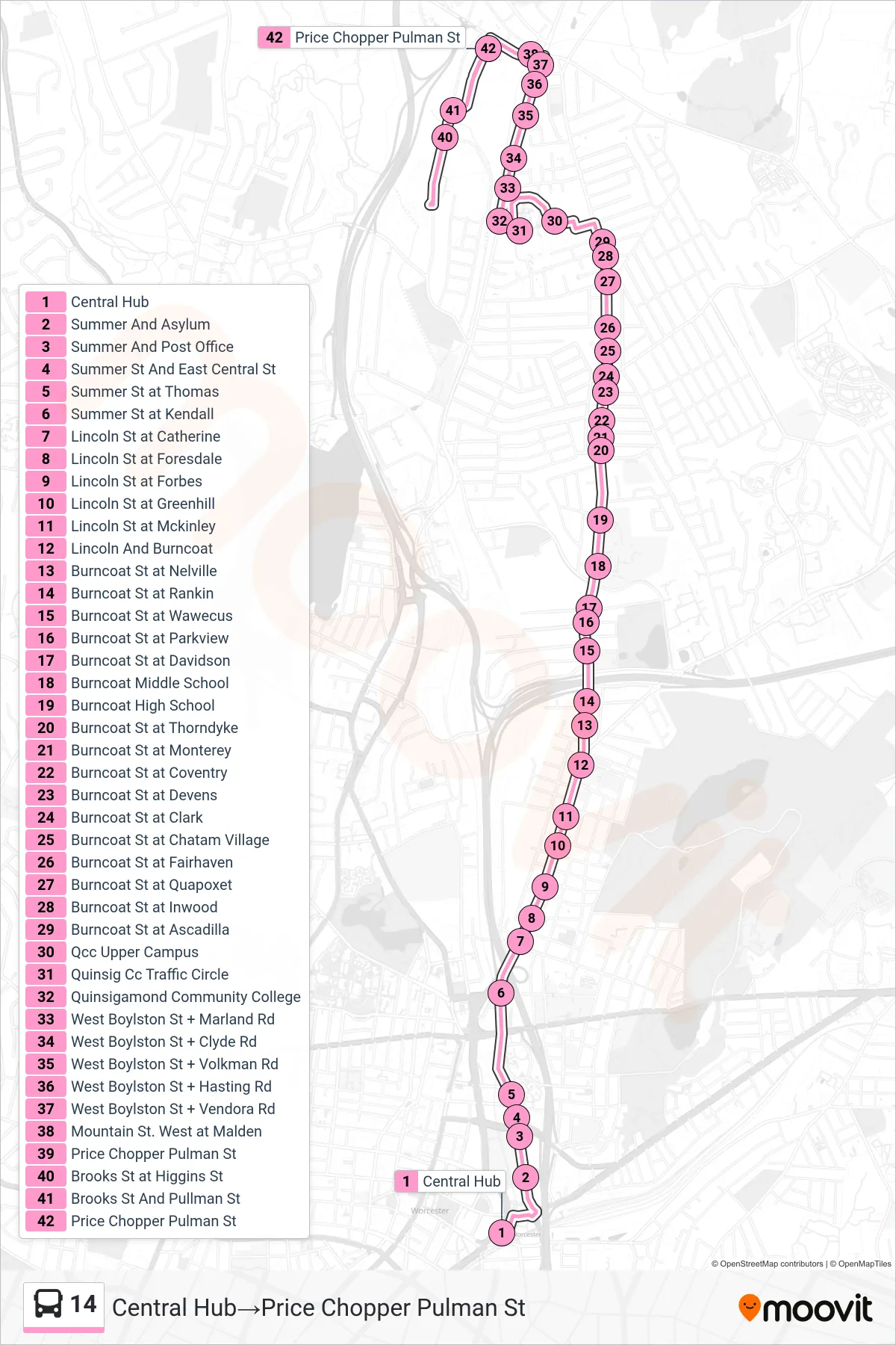 14 bus Line (Central Hub→Price Chopper Pulman St) route and stops on a map