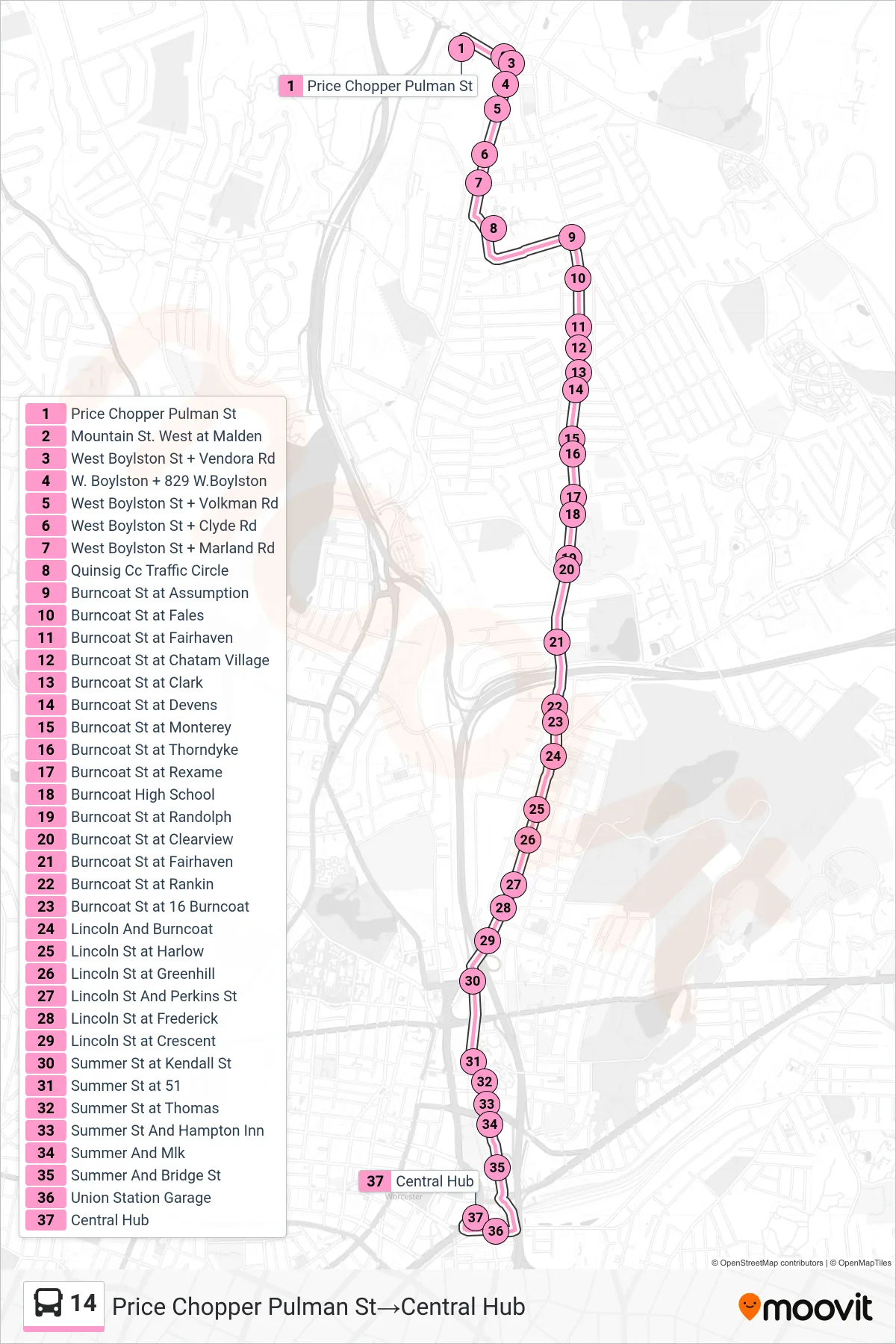 14 bus Line (Price Chopper Pulman St→Central Hub) route and stops on a map
