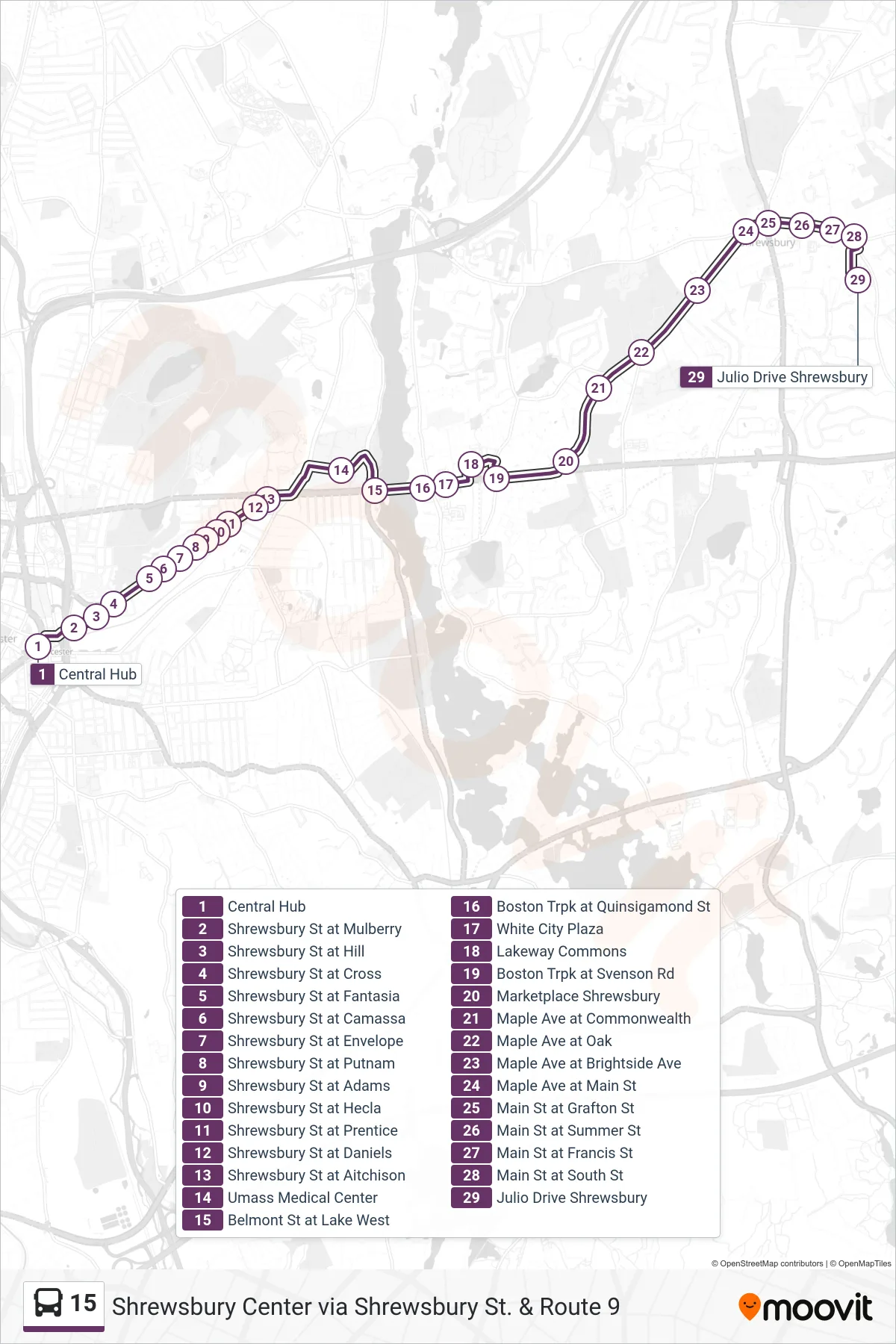 15 bus Line (Central Hub‎→Julio Drive Shrewsbury) route and stops on a map
