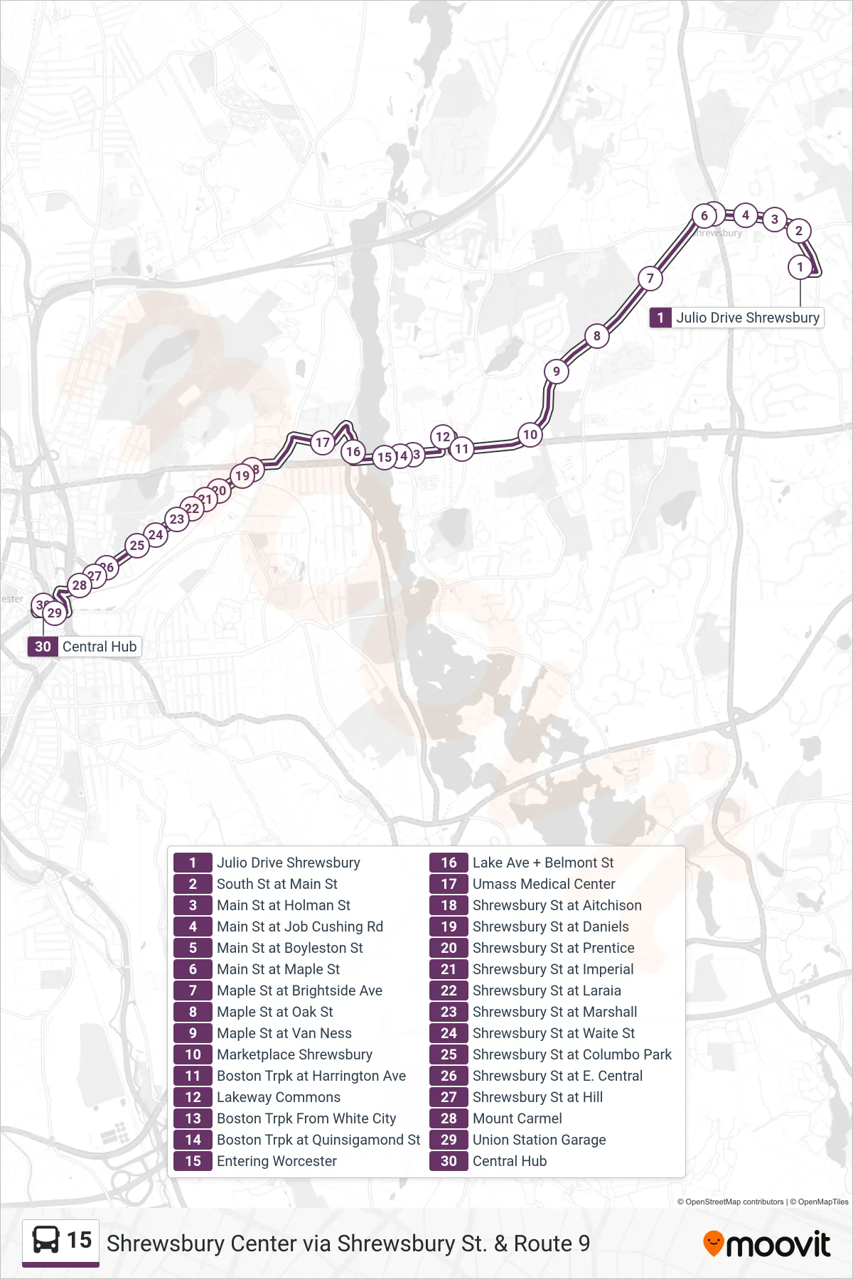15 bus Line (Julio Drive Shrewsbury→Central Hub) route and stops on a map