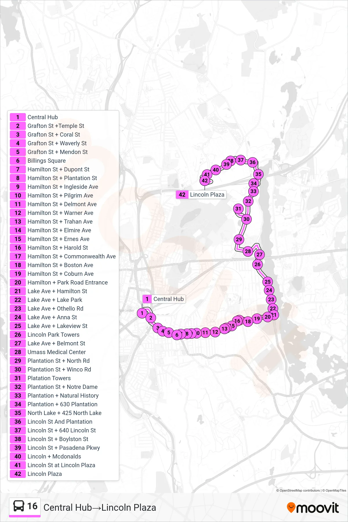 16 bus Line (Central Hub‎→Lincoln Plaza) route and stops on a map