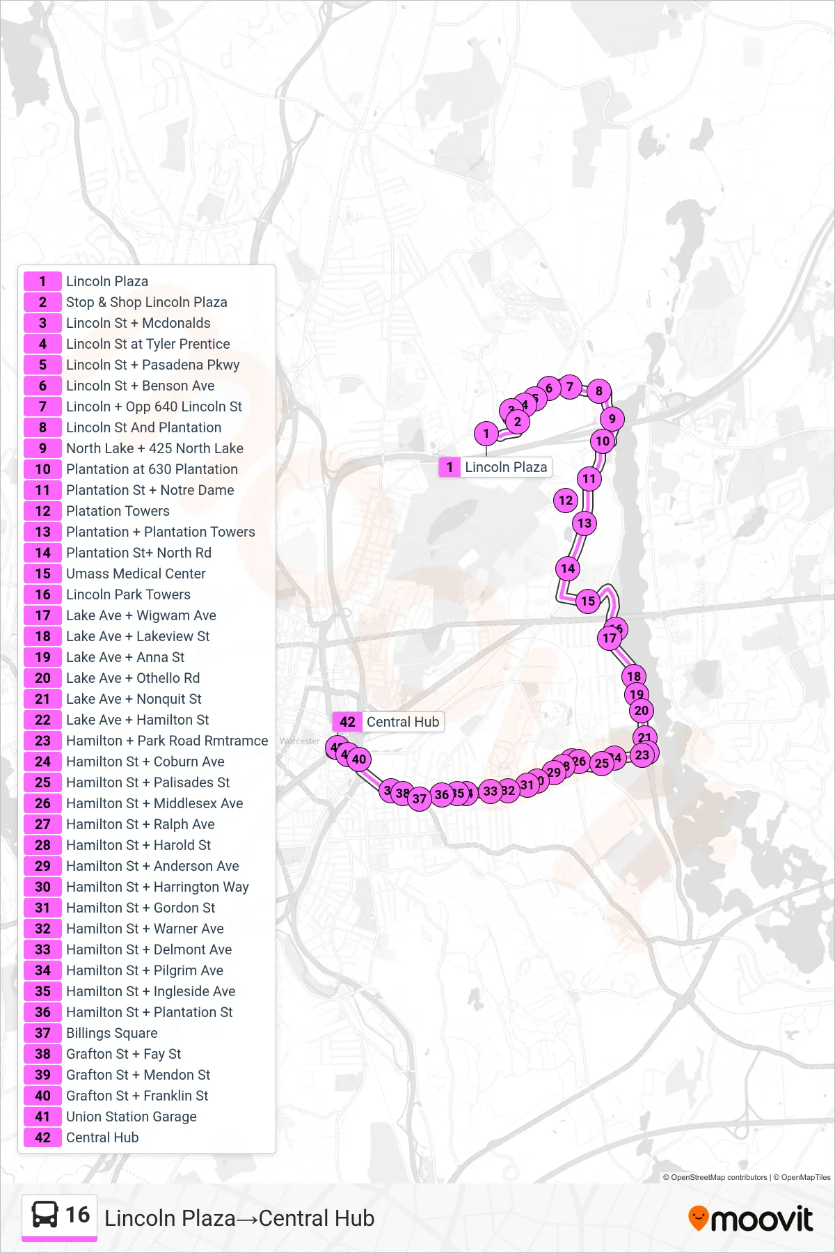 16 bus Line (Lincoln Plaza→Central Hub) route and stops on a map