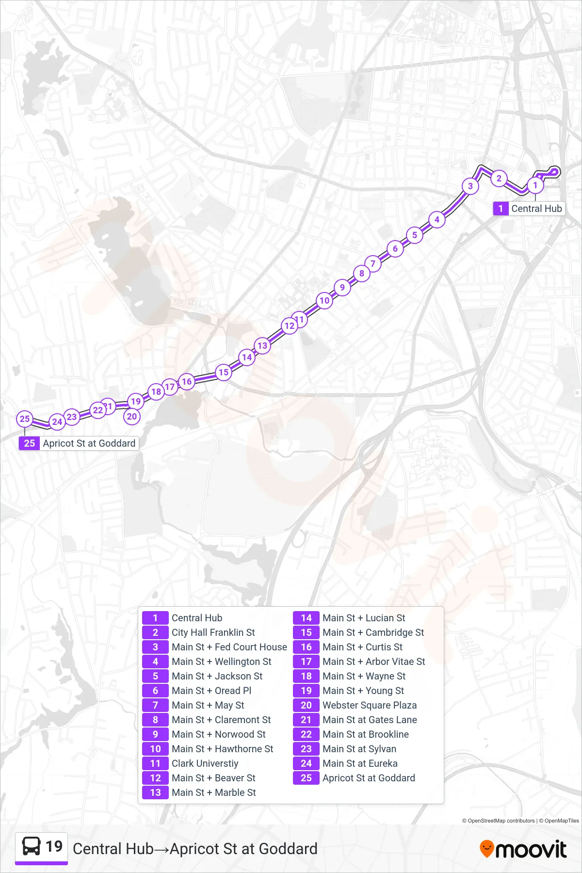 19 bus Line (Central Hub‎→Apricot St at Goddard) route and stops on a map