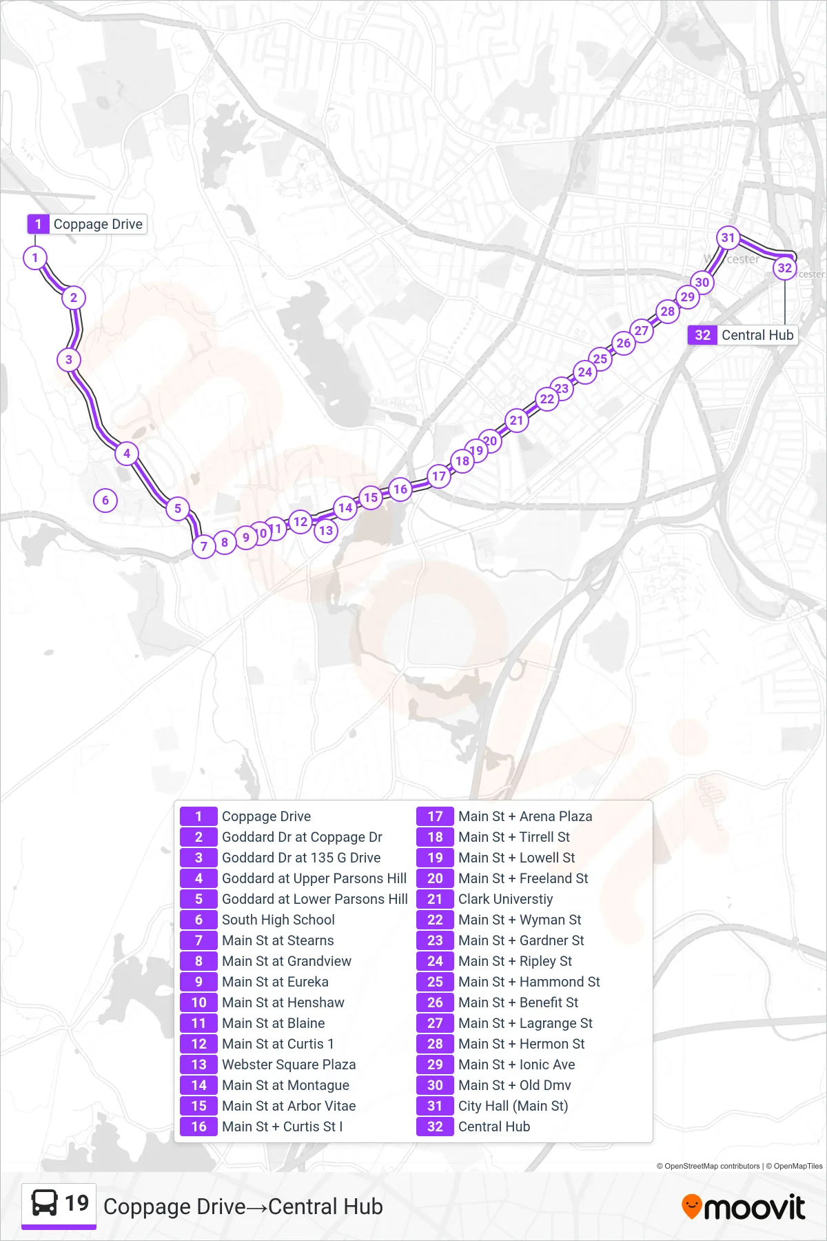 19 bus Line (Coppage Drive→Central Hub) route and stops on a map