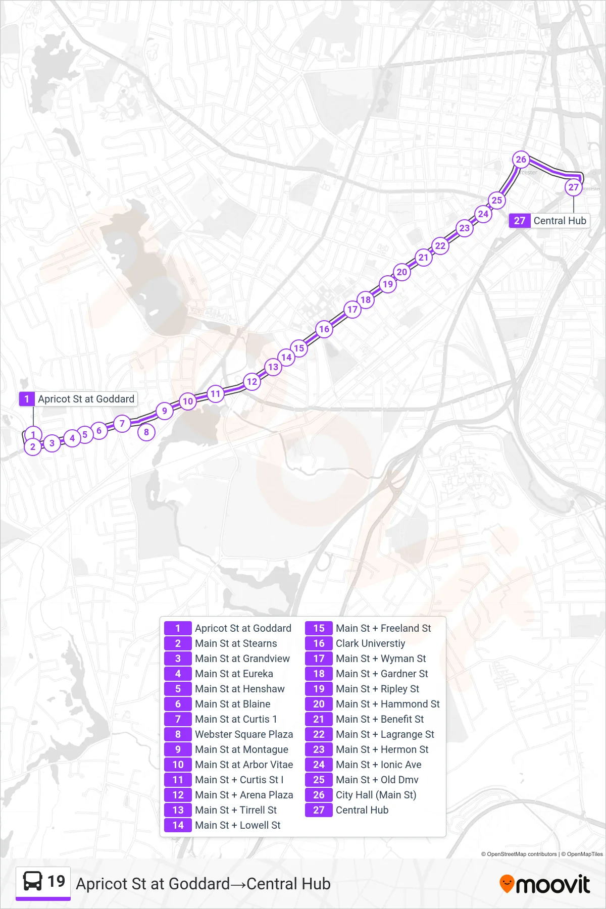 19 bus Line (Apricot St at Goddard‎→Central Hub) route and stops on a map