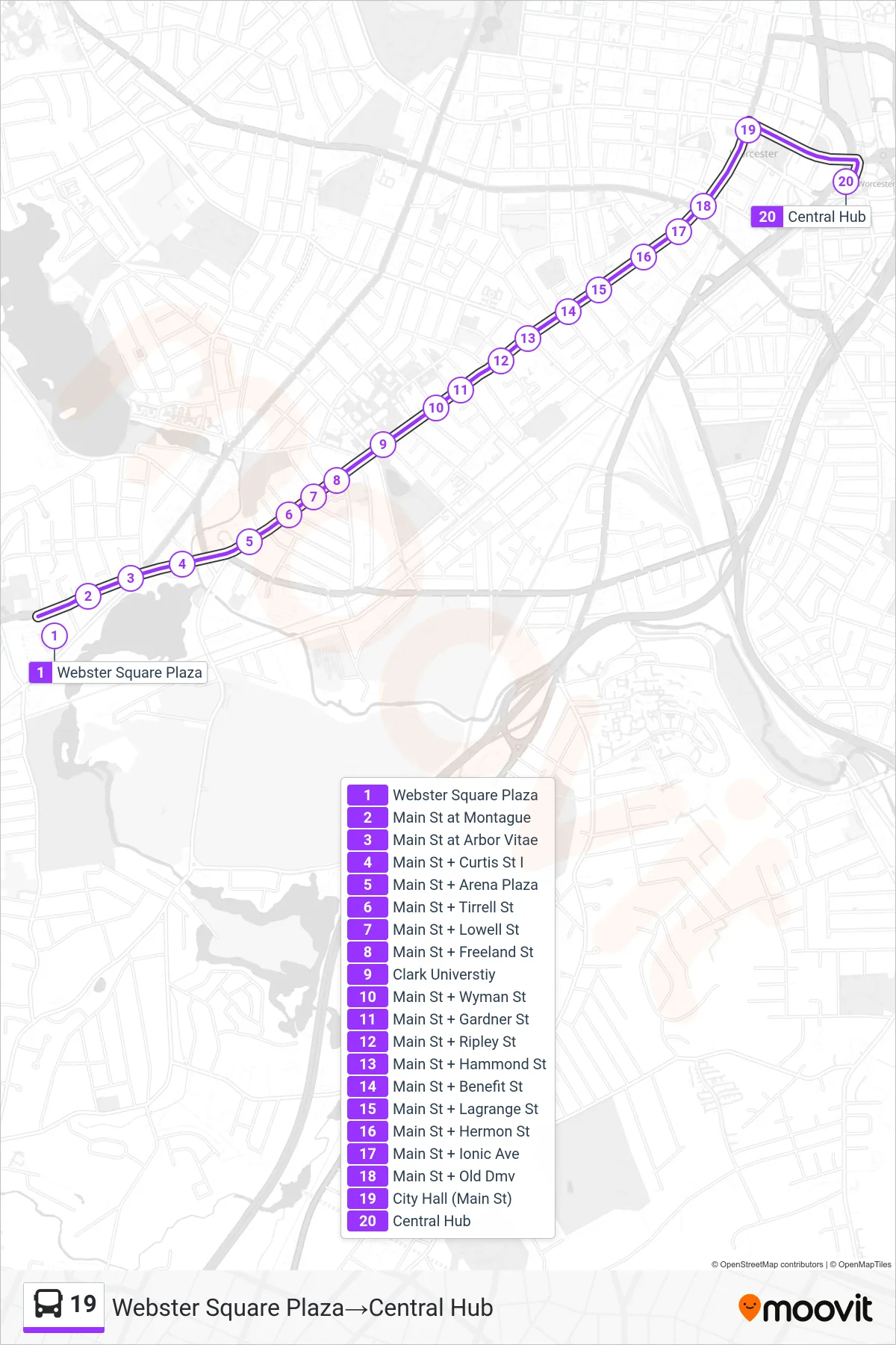 19 bus Line (Webster Square Plaza→Central Hub) route and stops on a map