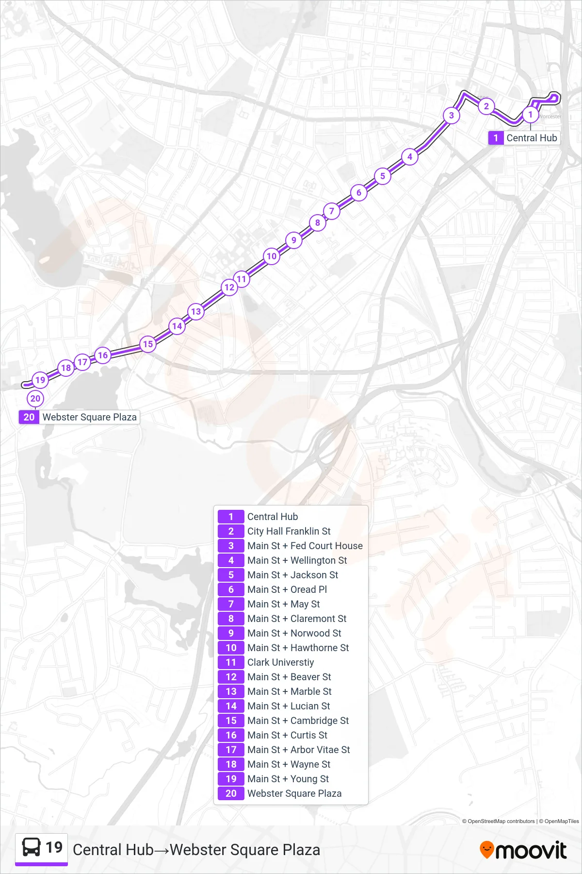 19 bus Line (Central Hub→Webster Square Plaza) route and stops on a map