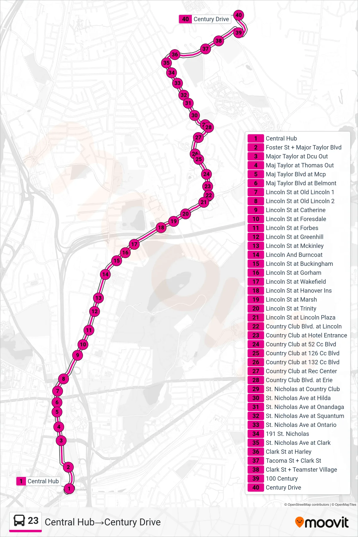 23 bus Line (Central Hub‎→Century Drive) route and stops on a map