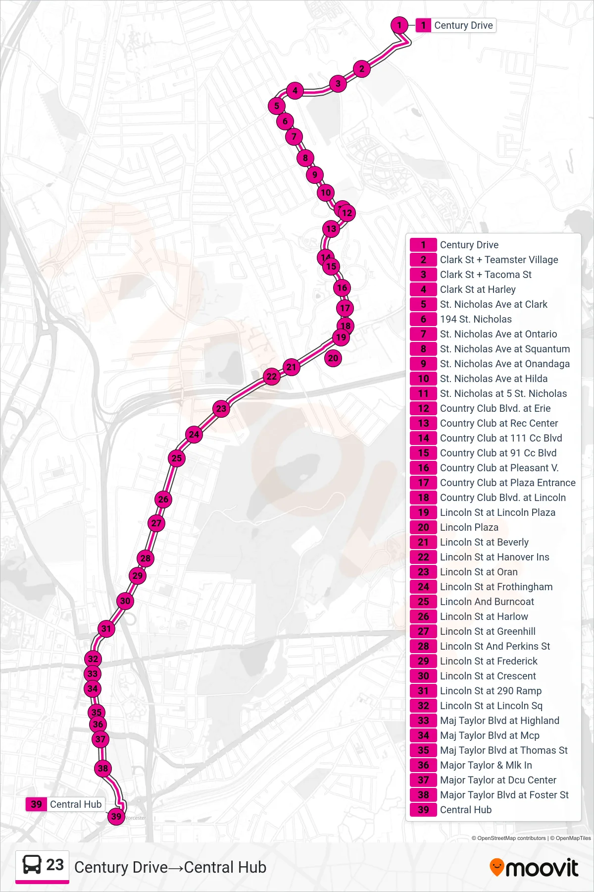 23 bus Line (Century Drive→Central Hub) route and stops on a map