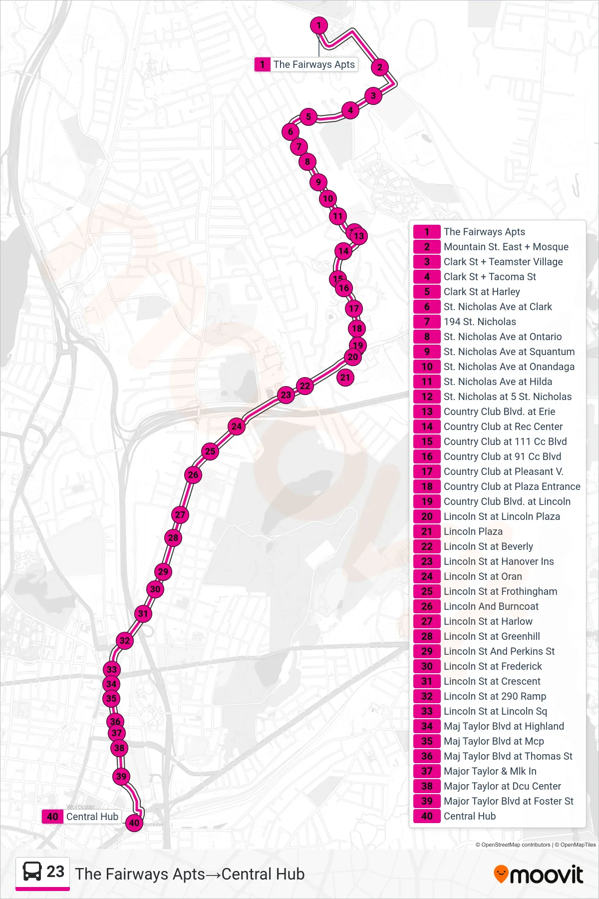 23 bus Line (The Fairways Apts‎→Central Hub) route and stops on a map