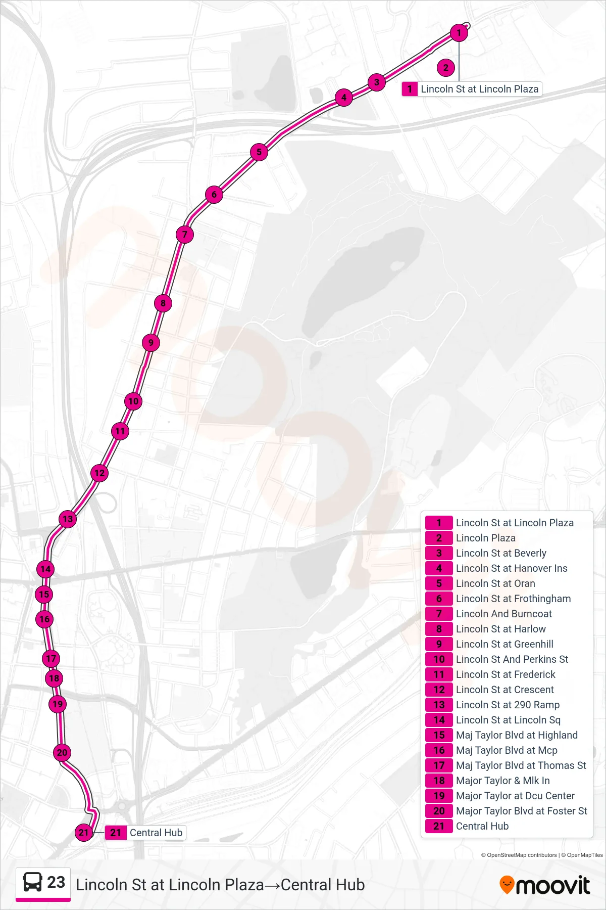 23 bus Line (Lincoln St at Lincoln Plaza‎→Central Hub) route and stops on a map