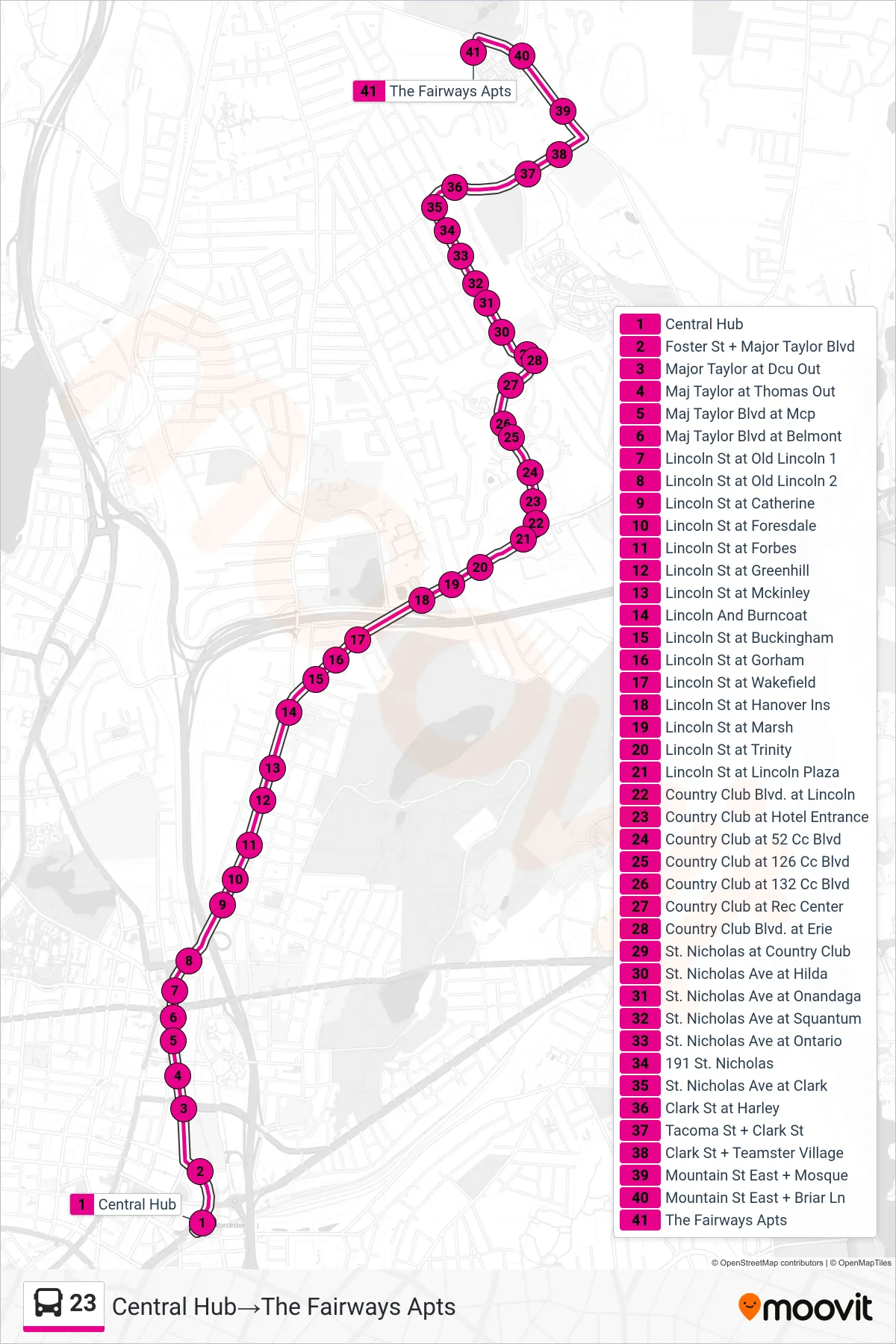 23 bus Line (Central Hub‎→The Fairways Apts) route and stops on a map