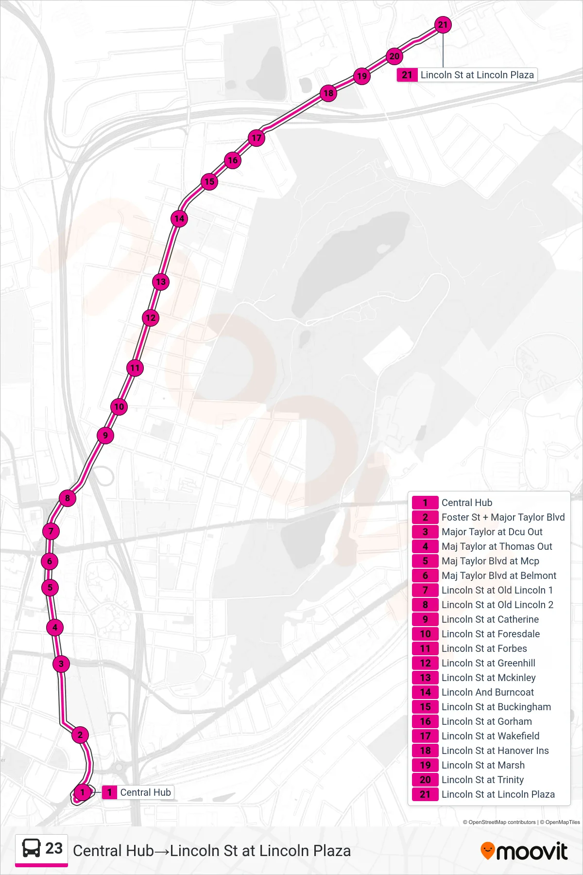 23 bus Line (Central Hub‎→Lincoln St at Lincoln Plaza) route and stops on a map