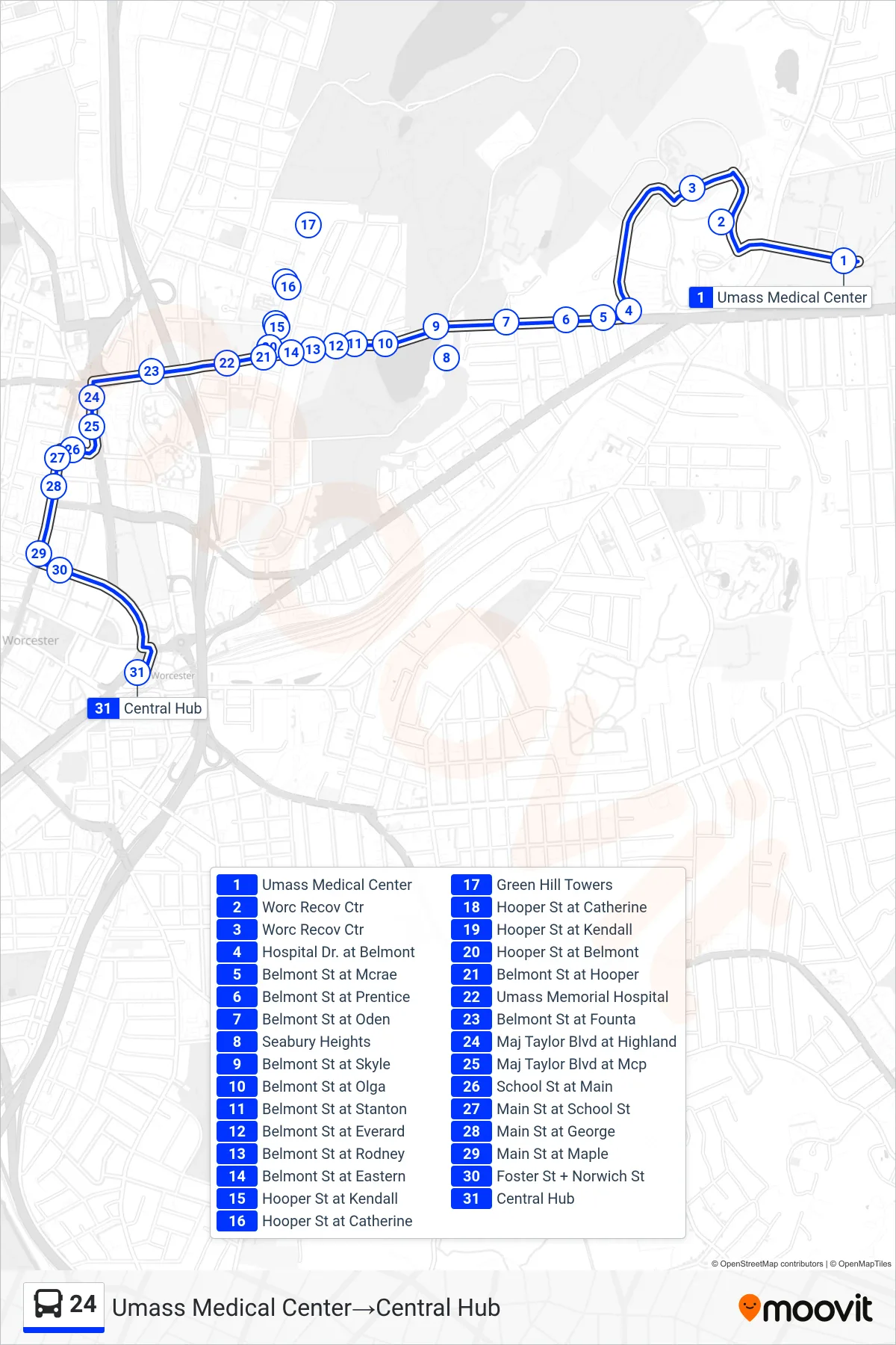 24 bus Line (Umass Medical Center→Central Hub) route and stops on a map