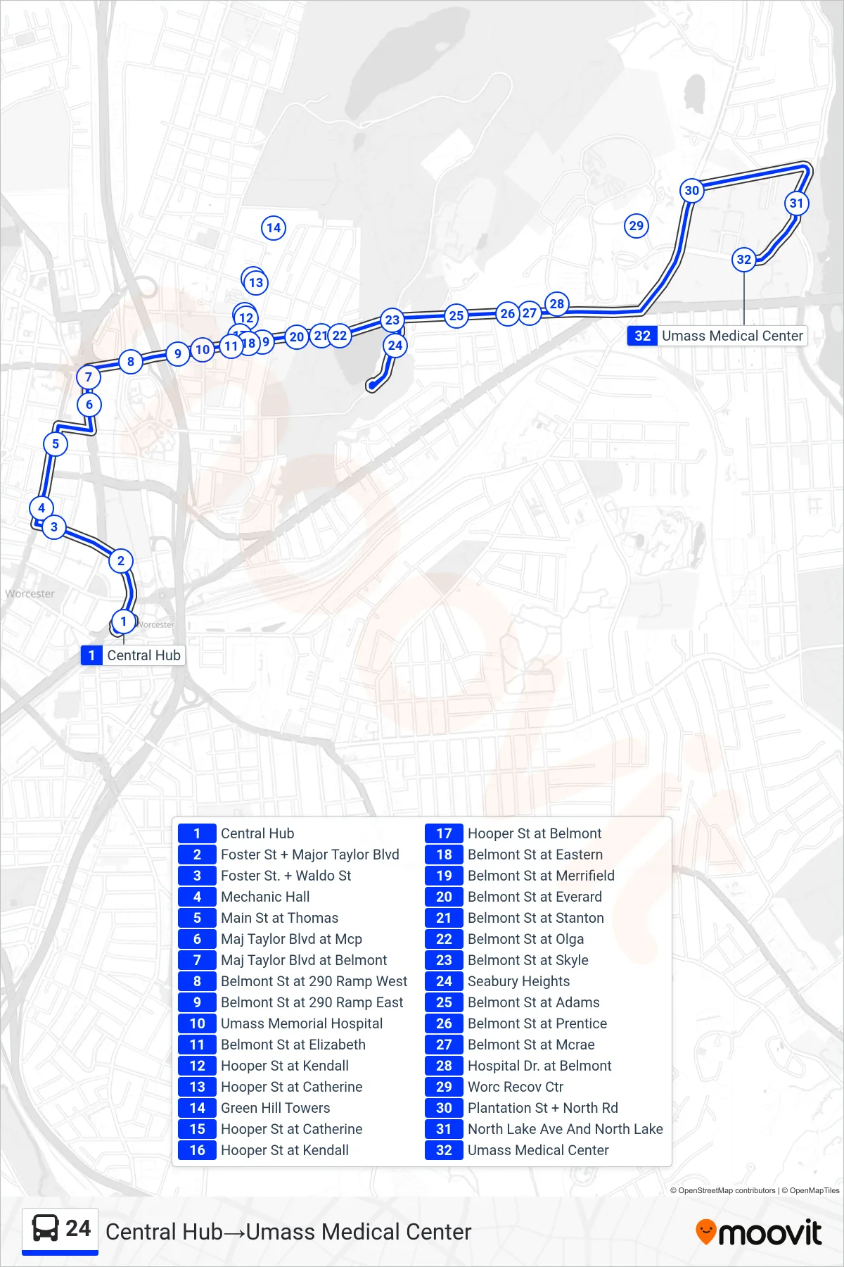 24 bus Line (Central Hub‎→Umass Medical Center) route and stops on a map