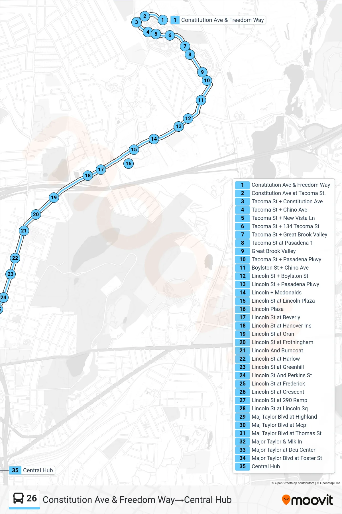 26 bus Line (Constitution Ave & Freedom Way‎→Central Hub) route and stops on a map