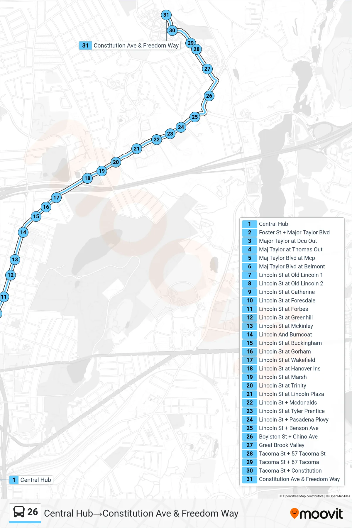 26 bus Line (Central Hub‎→Constitution Ave & Freedom Way) route and stops on a map