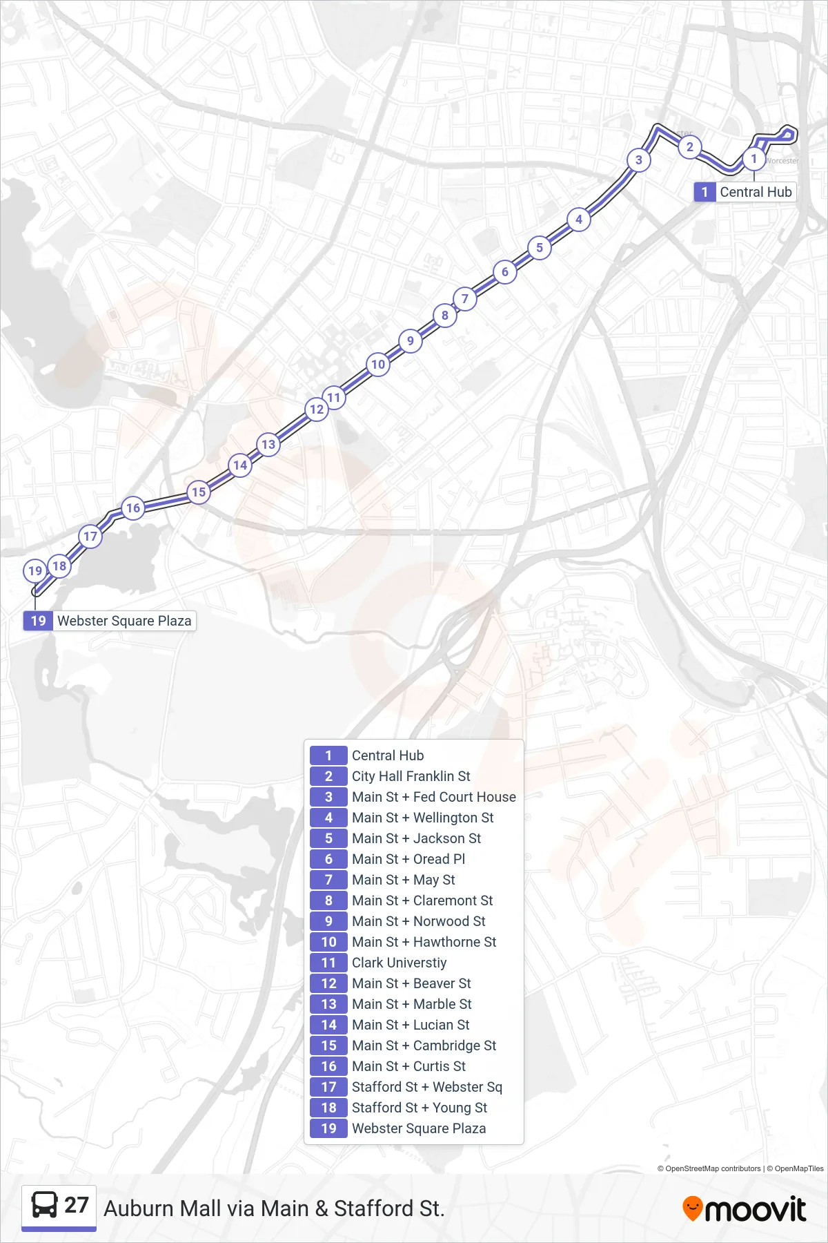 27 bus Line (Central Hub‎→Webster Square Plaza) route and stops on a map