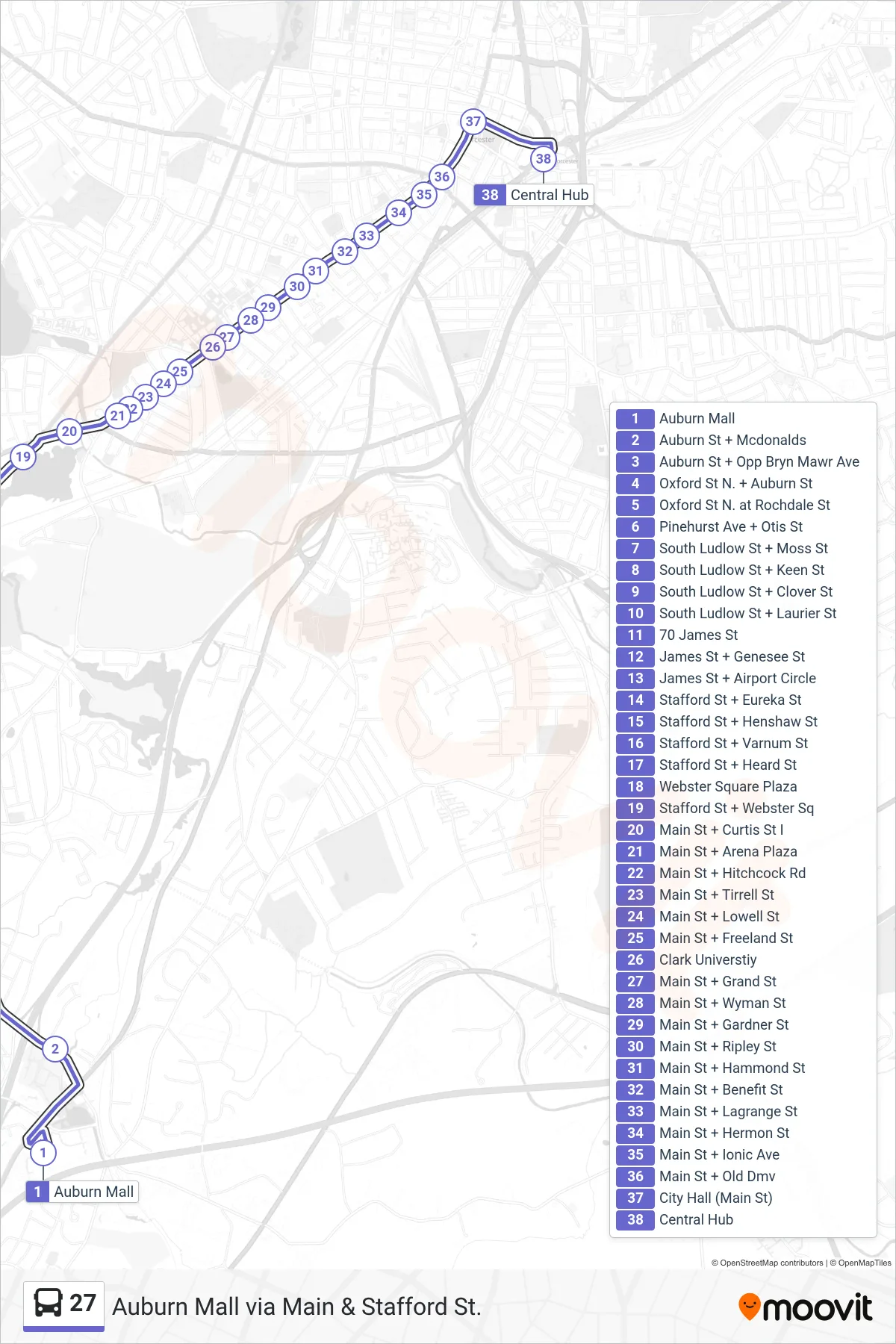 27 bus Line (Auburn Mall‎→Central Hub) route and stops on a map