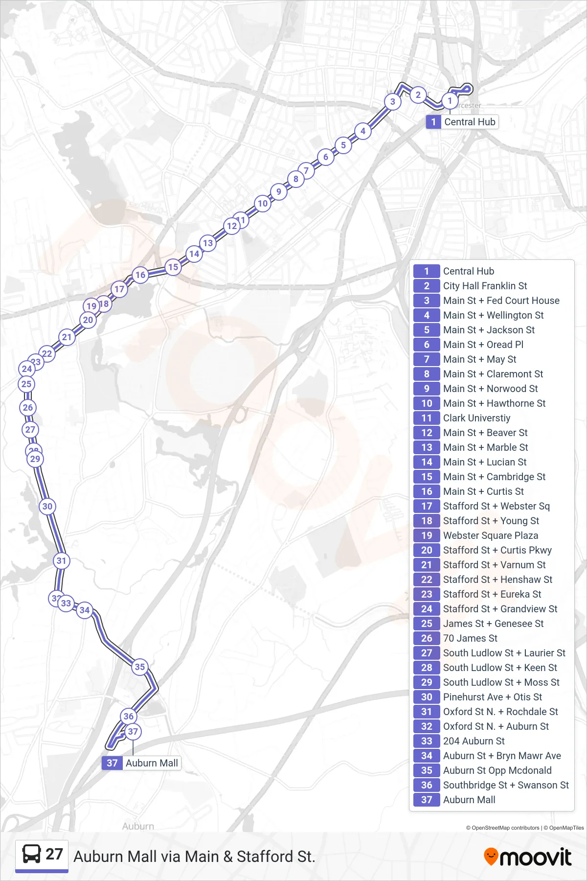 27 bus Line (Central Hub→Auburn Mall) route and stops on a map