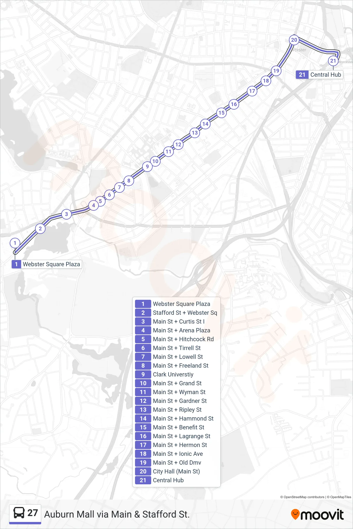 27 bus Line (Webster Square Plaza→Central Hub) route and stops on a map