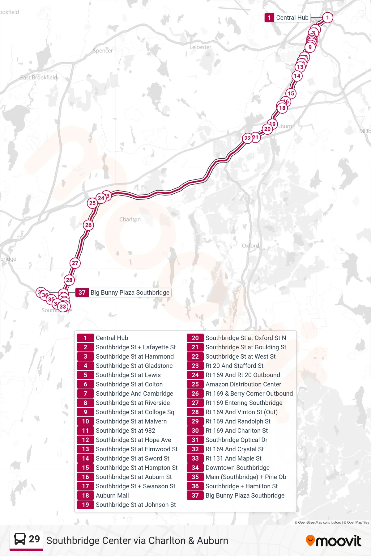 29 bus Line (Central Hub‎→Big Bunny Plaza Southbridge) route and stops on a map