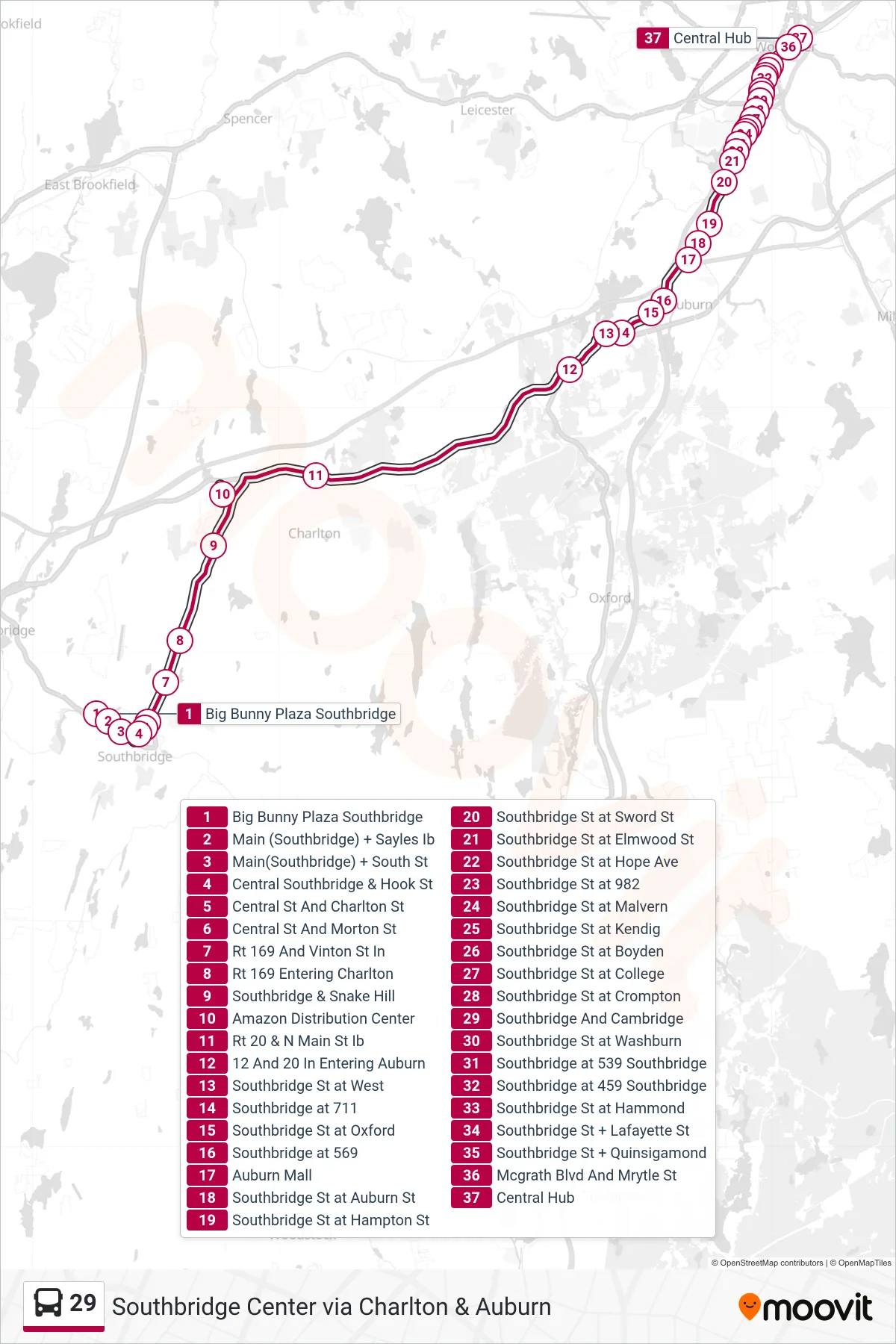 29 bus Line (Big Bunny Plaza Southbridge→Central Hub) route and stops on a map
