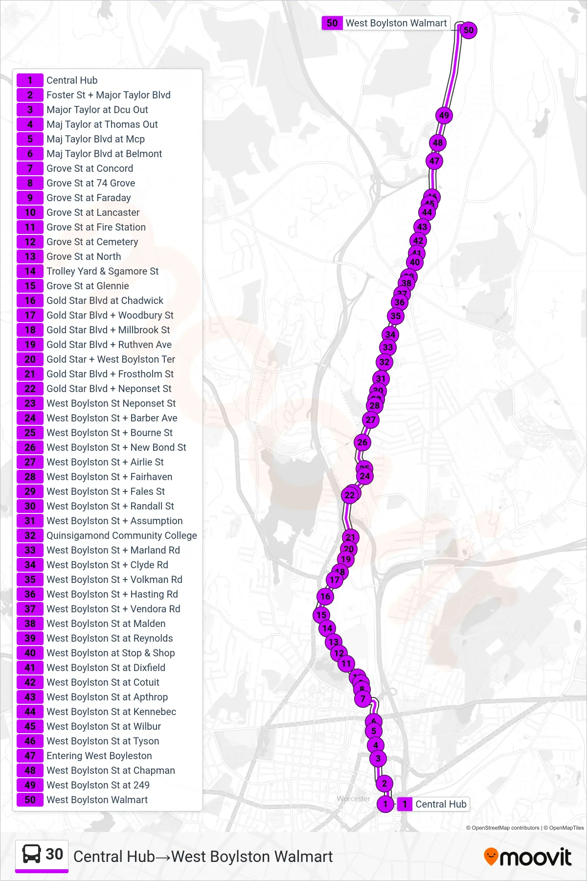 30 bus Line (Central Hub→West Boylston Walmart) route and stops on a map