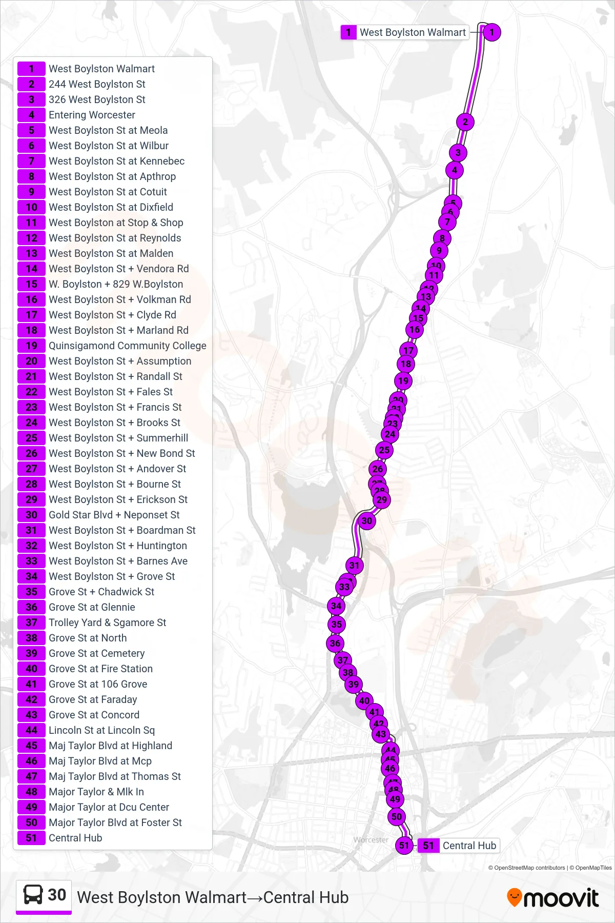 30 bus Line (West Boylston Walmart→Central Hub) route and stops on a map