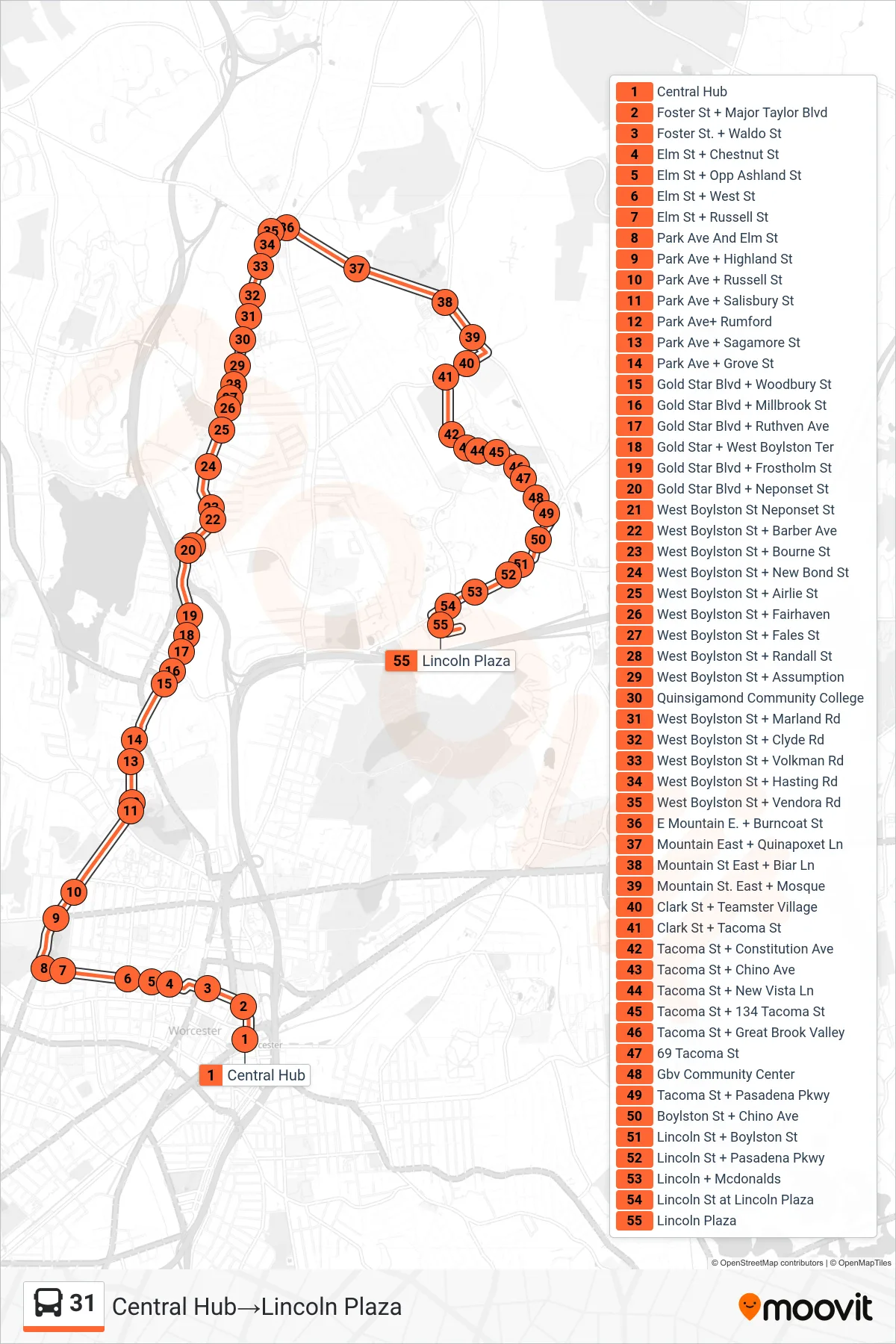 31 bus Line (Central Hub‎→Lincoln Plaza) route and stops on a map