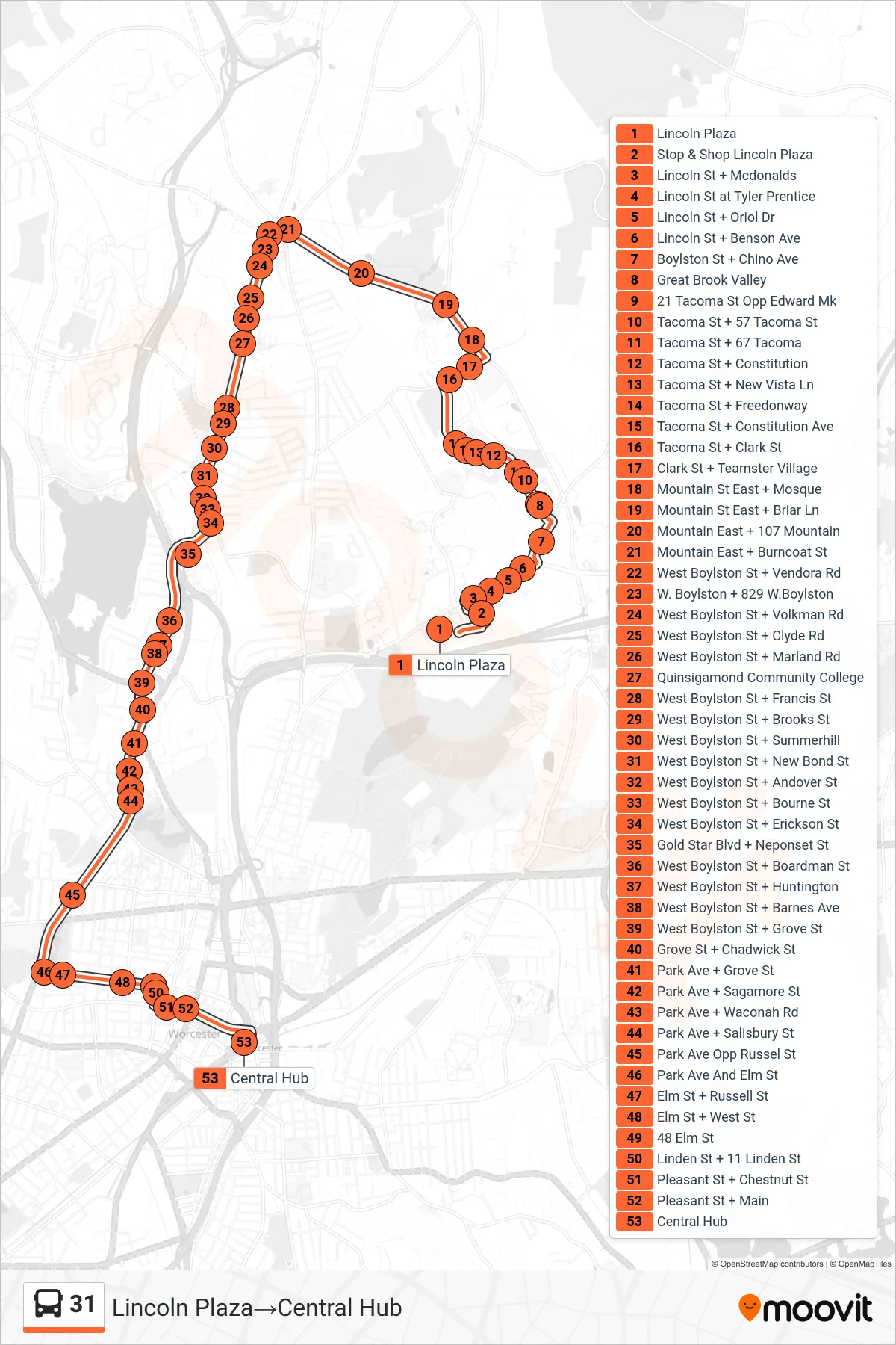 31 bus Line (Lincoln Plaza→Central Hub) route and stops on a map